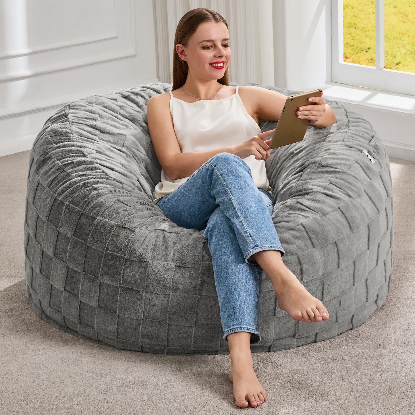 Hobestluk Bean Bag Chairs Beanbag Chair with Filler Adult Bean Bags with Fluffy Plaid Cover, Giant Bean Bag Chairs for Adults for Living Room, Bedroom (Grey, 3FT - 36” x 36” x 22”)