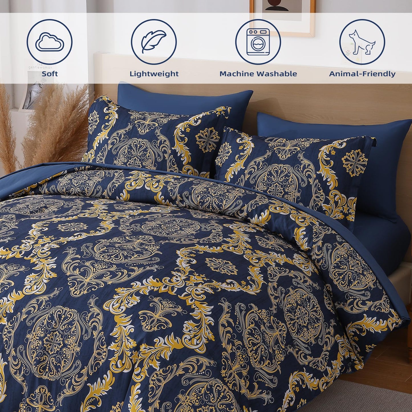 WONGS BEDDING Blue Gold Comforter Set Queen Size,Damask Texture 7 Pieces Bed in a Bag Microfiber Comforter Bedding Sets -1 Comforter, 1 Flat Sheet, 1 Fitted Sheet, 2 Pillow Shams, 2 Pillowcases