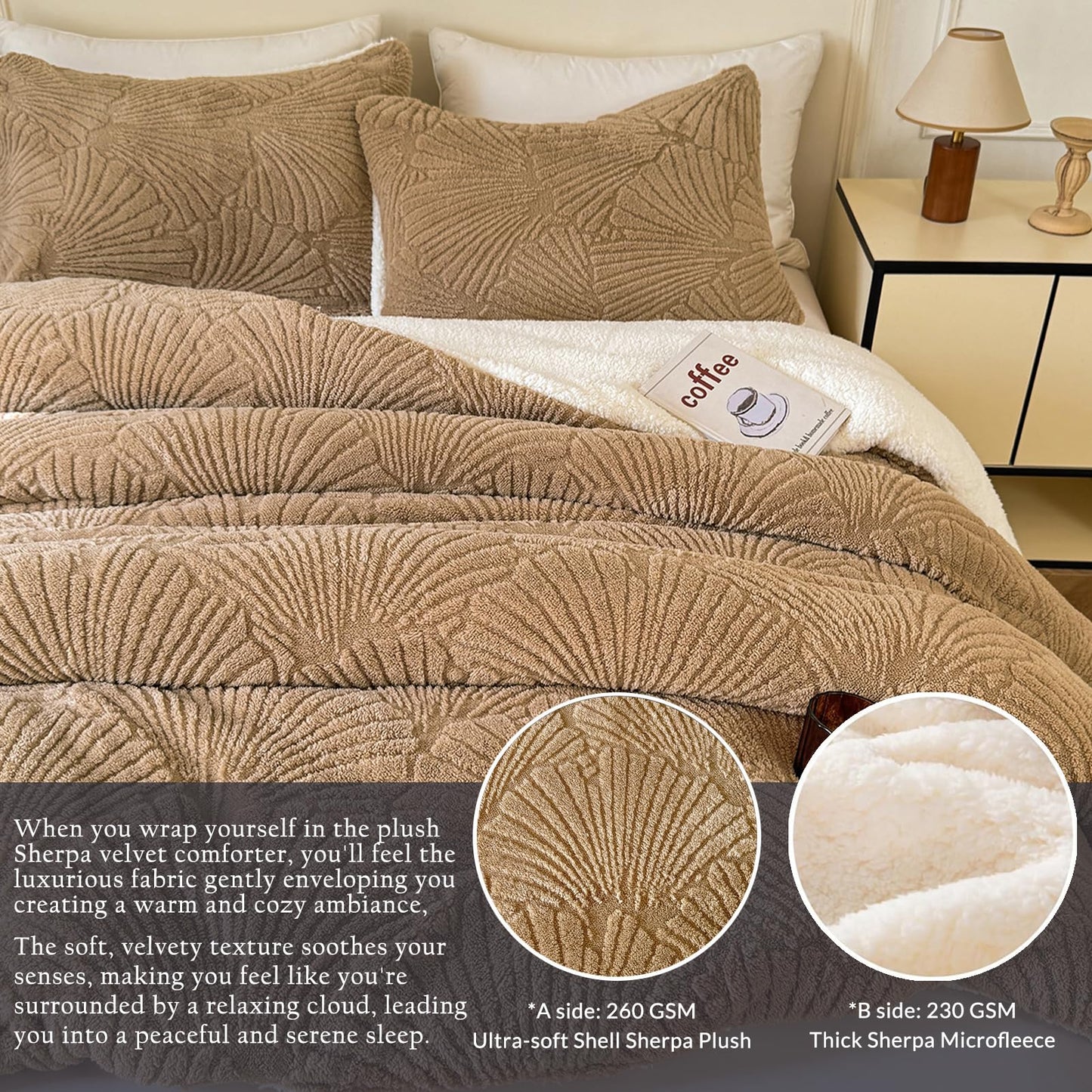 tohrisa Seashell Jacquard Sherpa Comforter Set Warm Cozy Premium Bedding 3 Pieces, King Size Geometric Pattern Quilt Comforter with 2 Pillowcases(104"X90" Beige)
