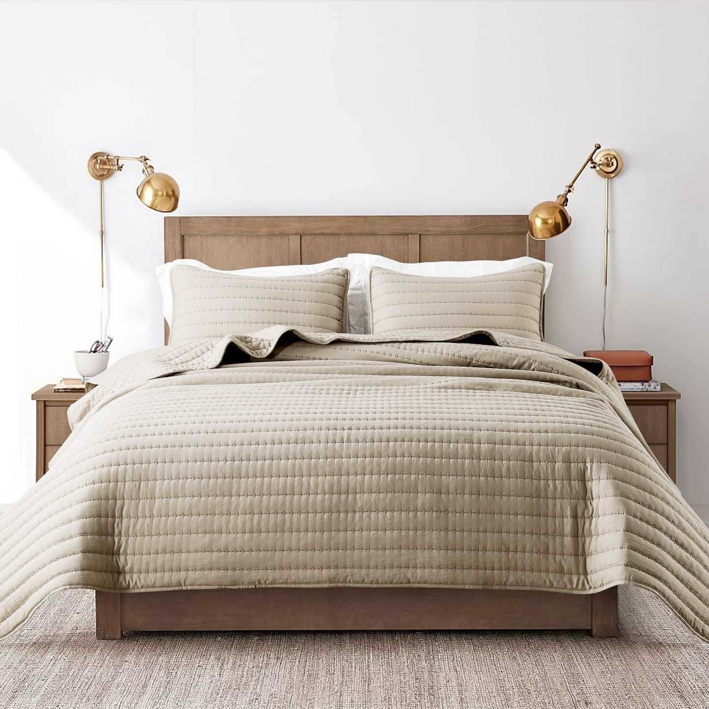 ROARINGWILD Beige Cream Tan King Size Quilt Bedding Sets with Pillow Shams, Lightweight Soft Bedspread Coverlet, Quilted Blanket Thin Comforter Bed Cover for All Season, 3 Pieces, 104x90 inches