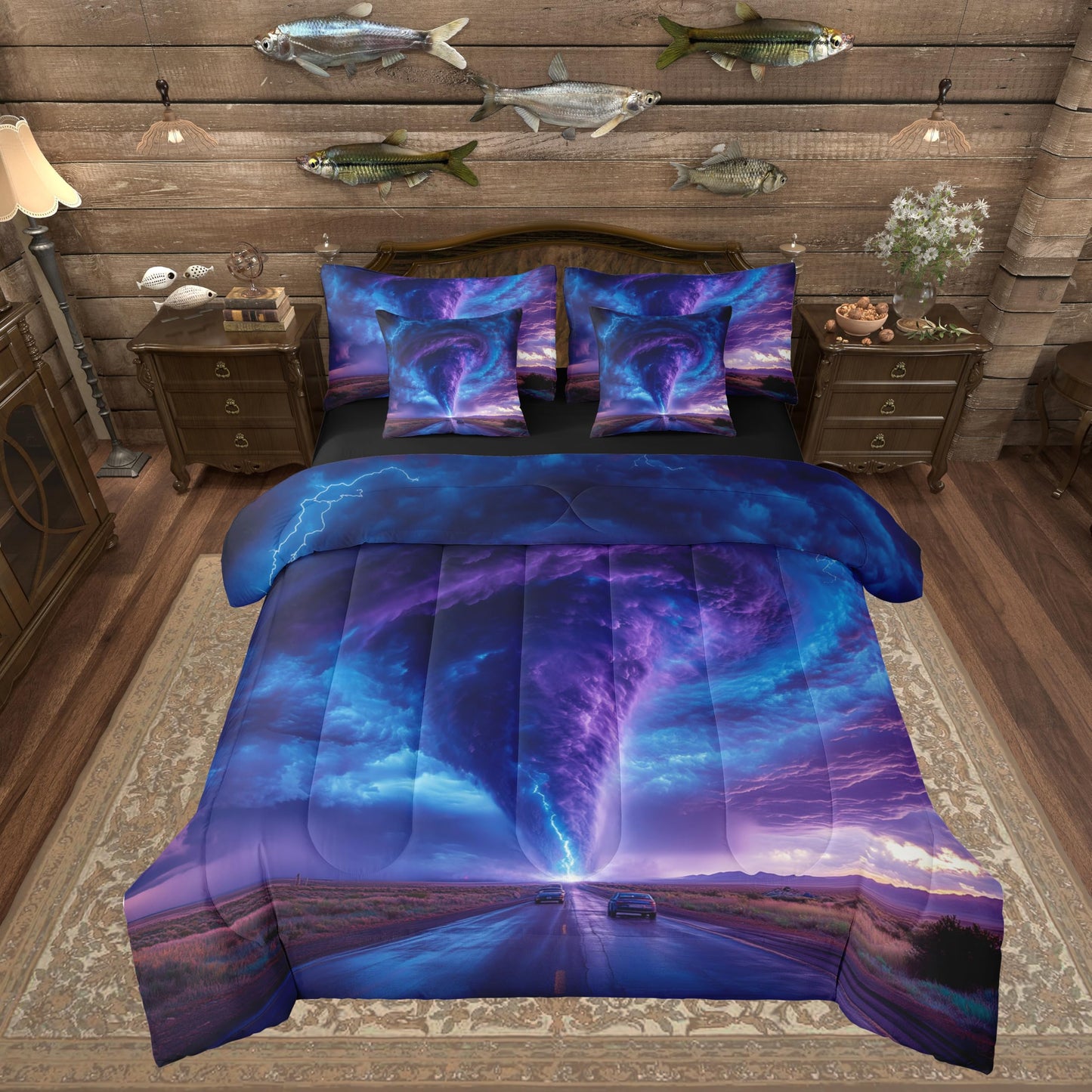 Erosebridal Nature 7 Pcs Comforter Set Queen Size,Ombre Lightning Tornado Bed in a Bag with Flat Fitted Sheet for Kids Teens Adult,Dreamy Purple Blue Bedding Set with Pillowcase and Sham Reversible