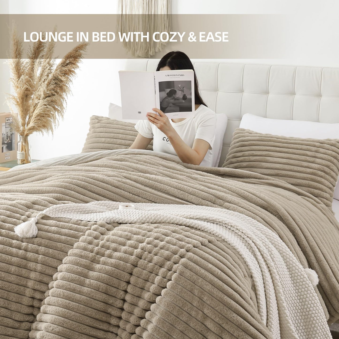 Smoofy Fluffy King Size Comforter Set 3 Pieces - Linen Fleece Fluffy Comforter Set, Luxury Fuzzy King Bedding Set, Soft King Bed Set All Season, Heavy Faux Fur Comforter with 2 Pillow Cases