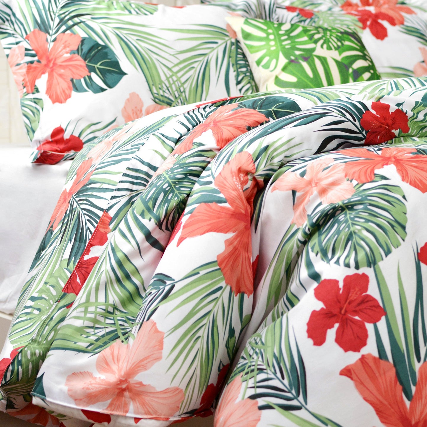 FADFAY Green Duvet Cover 100% Cotton Tropical Bedding Red Hibiscus Flower & Forest Green Palm Leaves Plants Watercolor Printed Zipper Closure Soft Breathable Girls Floral Bedding Set 3 Pcs, Full