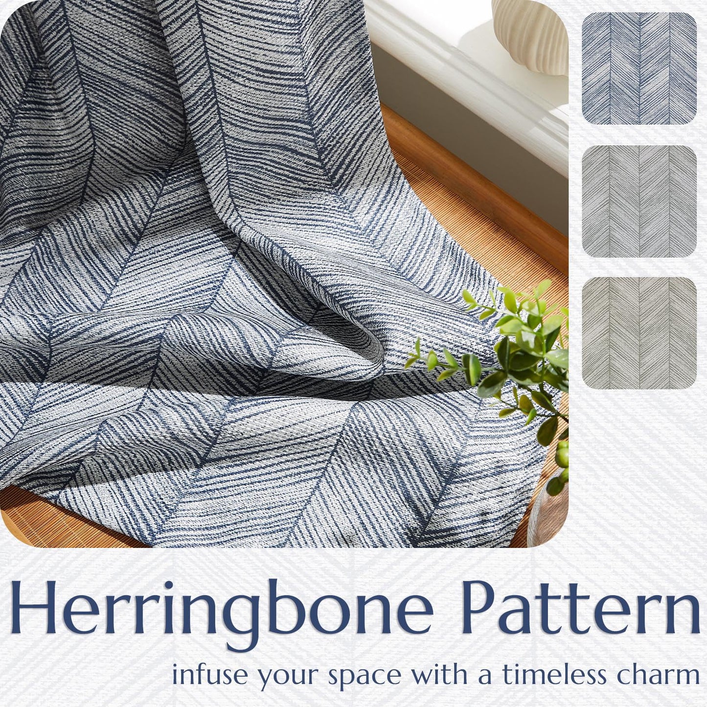 jinchan Blue Printed Curtains 84 Inch Length for Living Room Grommet Jacquard Curtains with Herringbone Pattern Modern Room Darkening Drapes Bedroom Window Curtain Set 2 Panels