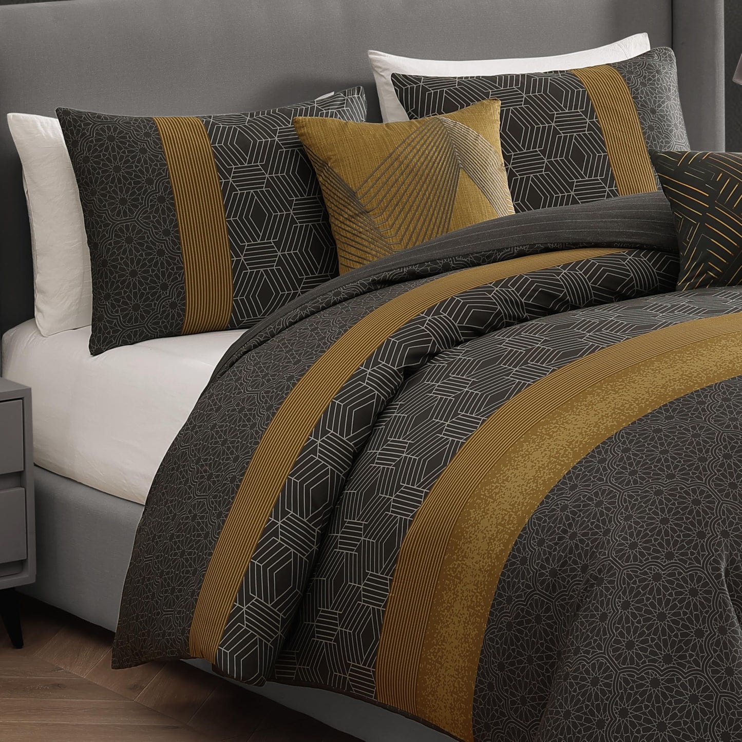 Bebejan Golden Hex 5 Piece Comforter Set, 100% Cotton Sateen, 220 Thread Count, Grey Reversible Bedding Comforter Set, 1 Comforter, 2 Shams & 2 Pillows (King/Cal King)