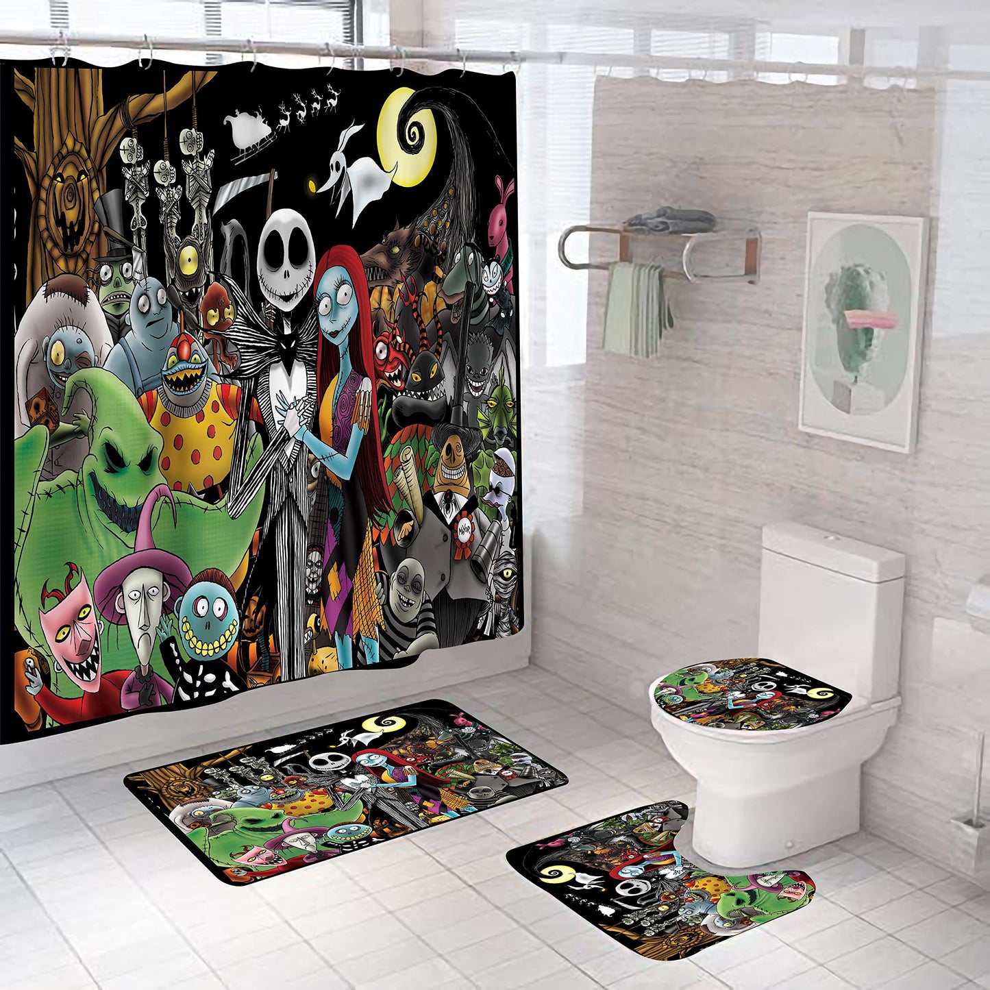 DDS-DUDES 4Pcs Christmas Shower Curtain Sets Kids Bathroom Halloween Decor with 12 Curtain Hooks for Bathroom, Waterproof 71 x 71 inch (D17)