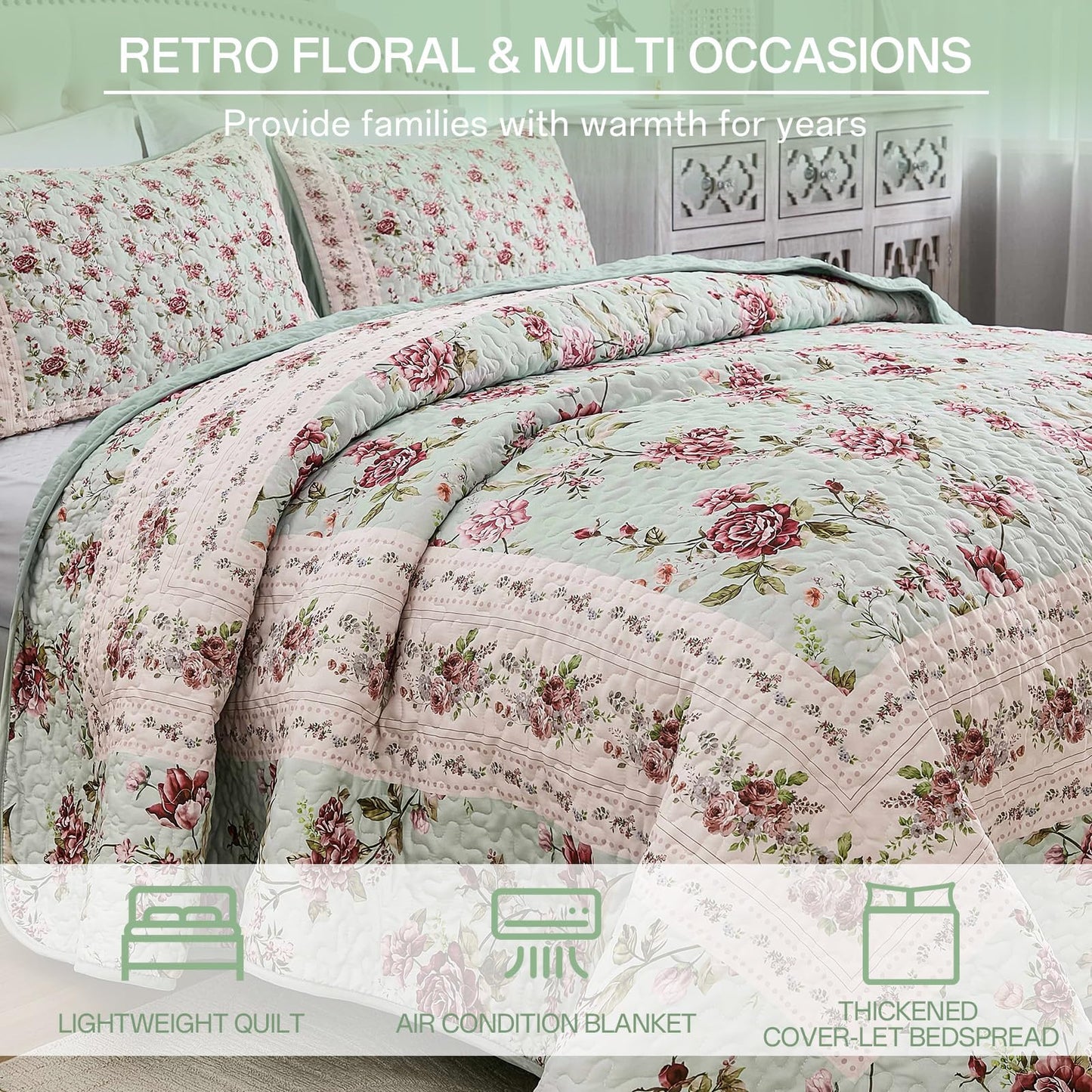 Xruibed Floral Quilt Set Queen Size, 3PCs Antique Rose Green Bedspread Coverlet Set, Lightweight Soft Microfiber Green Quilt Set with 2 Pillowcases for All Season (Queen Size 96"x90")