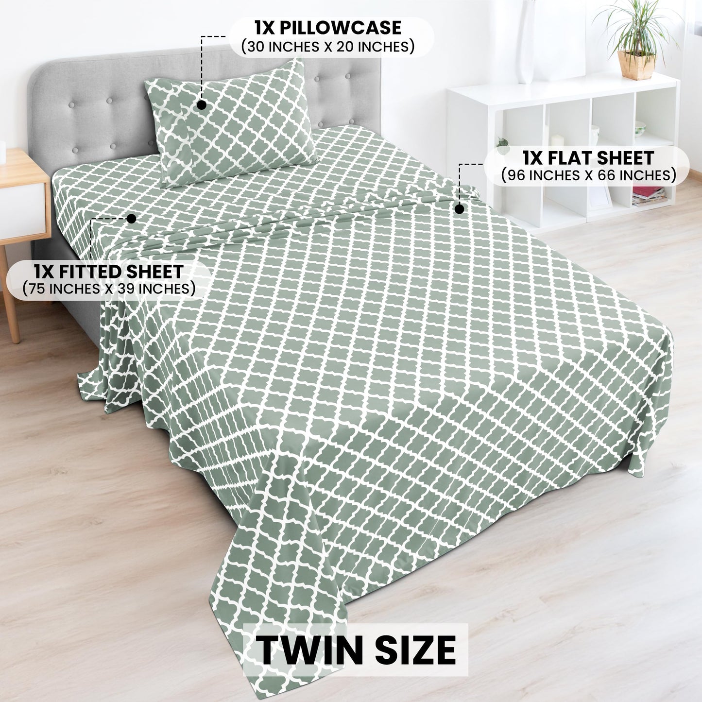 LUX Décor Quatrefoil Twin Sheet Set - 3 Piece Ultra-Soft Microfiber Bed Sheets with Flat Sheet, 16 Inches Deep Pocket Fitted Sheet & Pillowcases, Breathable, Bedroom Decor, Oeko-TEX - Grey White
