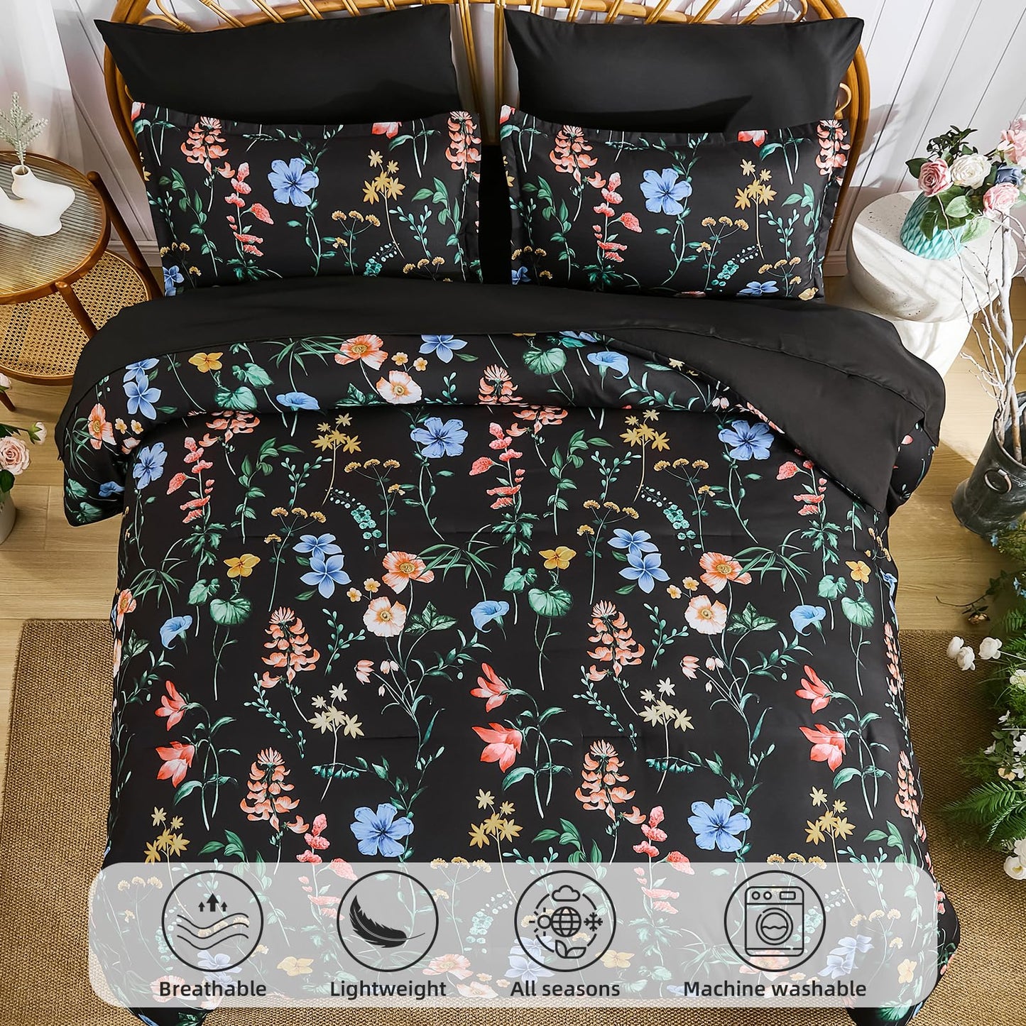 DJY Black Floral Comforter Set King Size,Black Pink Botanical Bedding Comforter Sets,7 Pieces Bed in a Bag Lightweight Microfiber Comforter Set with Sheets Pillowcases & Shams for All Seasons