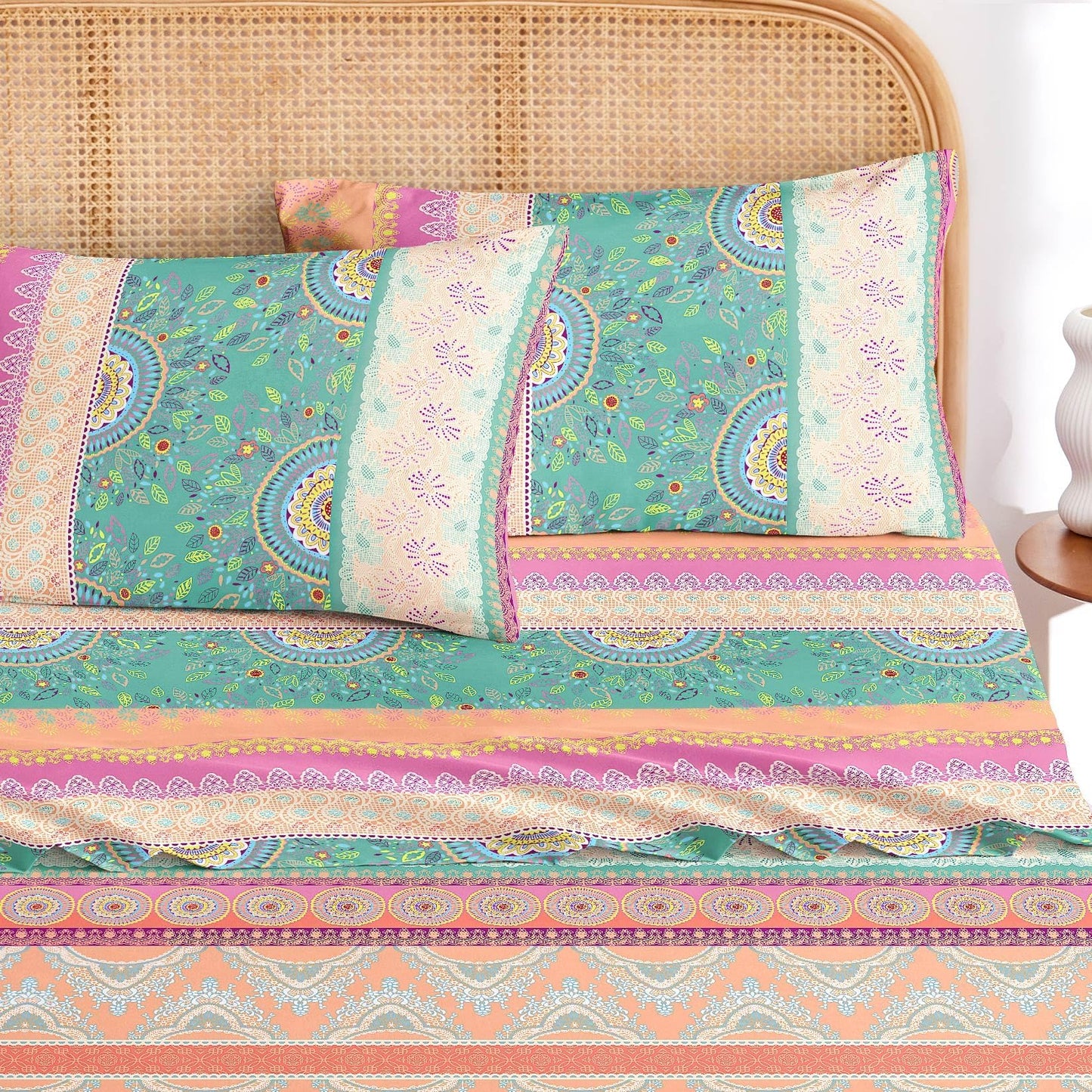 Wake In Cloud - Boho Bed Sheets, 4-Piece Sheet Set, Bohemian Chic Medallion Colorful Hippie Aesthetic Bedding, Deep Pocket, Orange Green, Queen Size