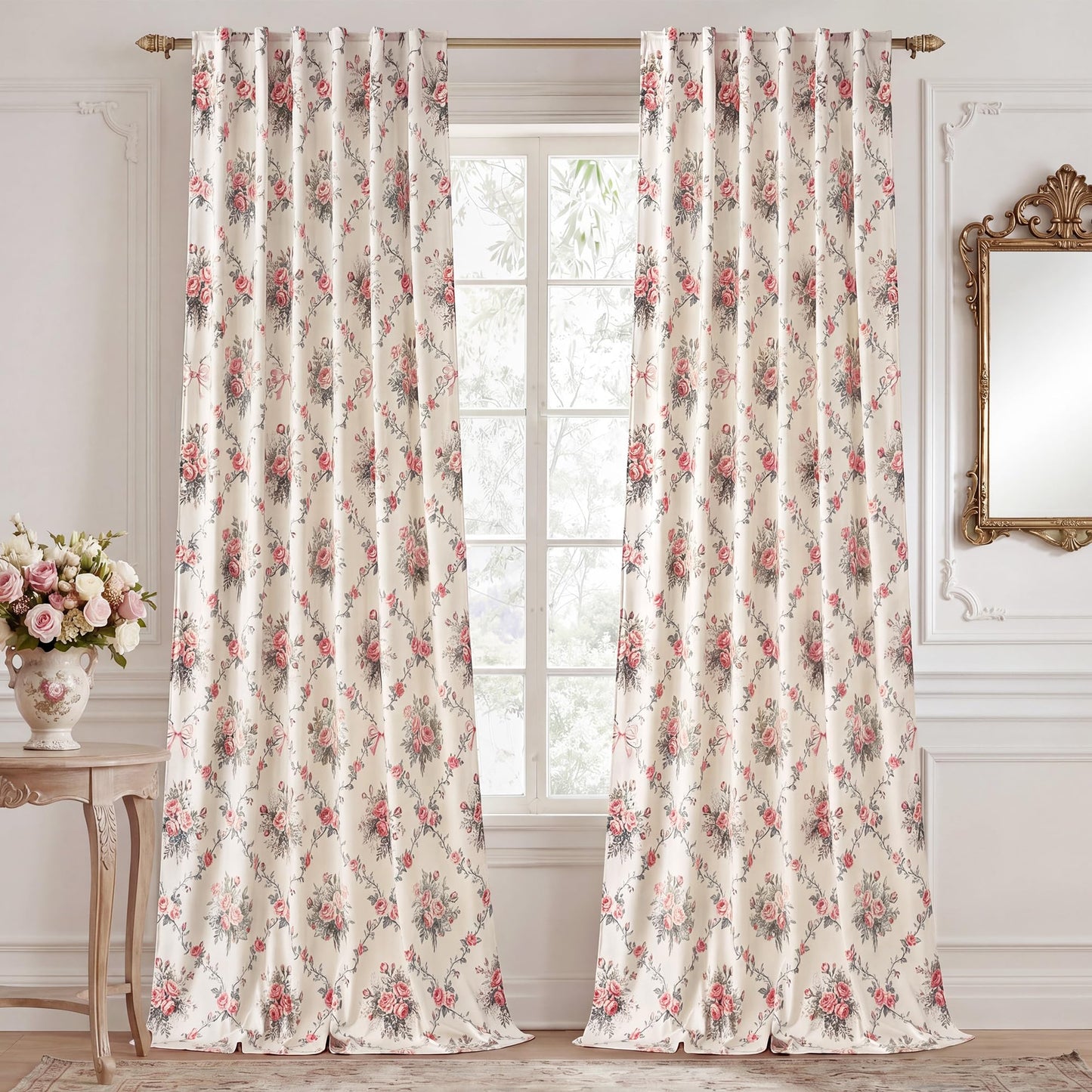 StangH French Country Rose Floral Velvet Curtains, Cream Shabby Chic Ribbon Bow Printed Window Drapes Romantic Privacy Panels for Girls Room Nursery, W52 x L84, 2 Panels