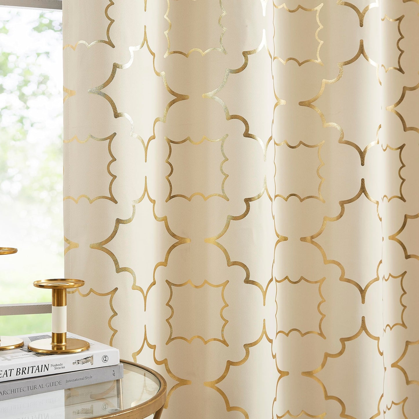 Purainbow Beige Blackout Curtain Panels for Bedroom 84" Gold Foil Moroccan Metallic Print Energy Efficient Drapes for Bedroom Living Room, Thermal Insulated Window Treatments Grommet Top 2 Panels