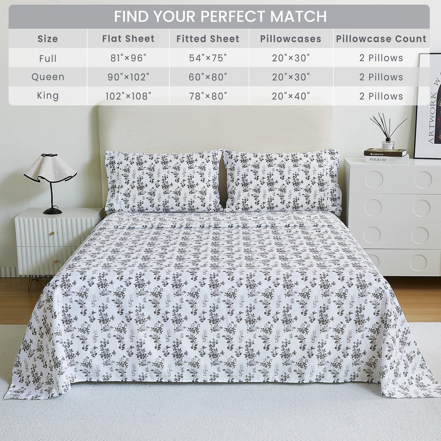 Mooreeke Cozy Vintage Microfiber Printed Twin Sheet Set - Soft Breathable Floral Bed Sheets with Deep Pocket - Non-Slip Fitted Design - Gradient Grey Small Flowers Pattern