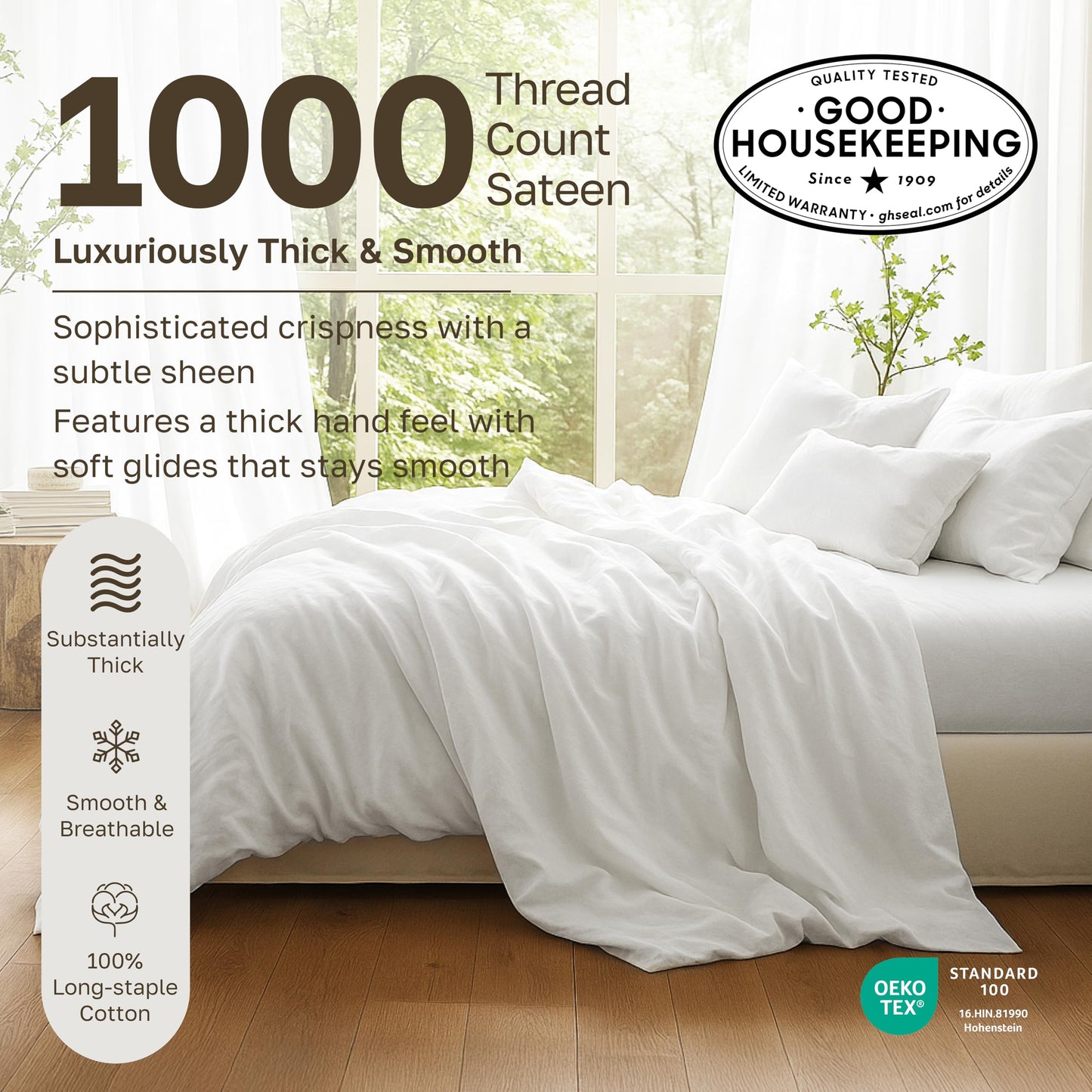 California Design Den King Size Sheets Set - 1000 Thread Count Sateen, Thick and Natural 100% Cotton King Bed Sheets, Deep Pockets, Durable Bedding Set - White