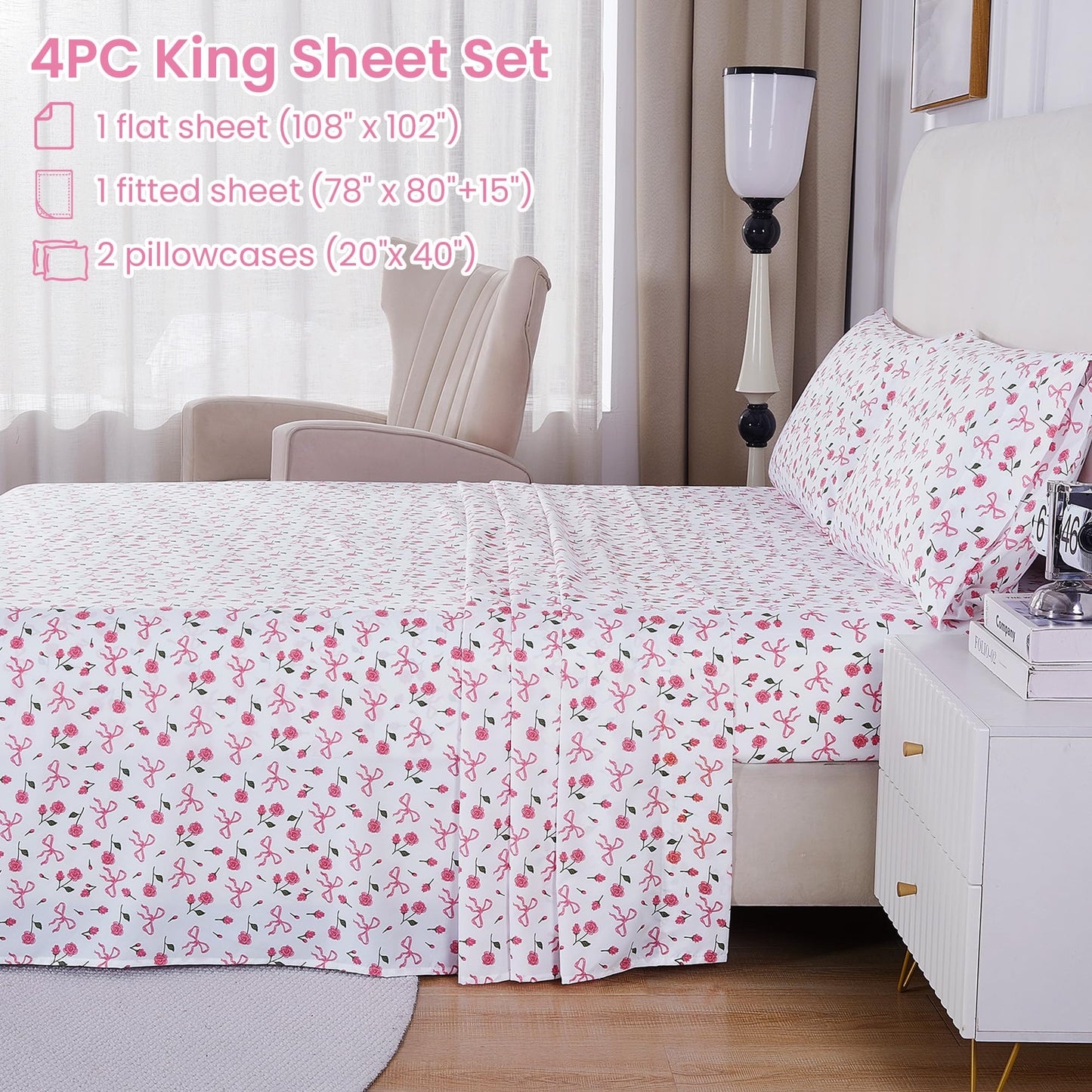 Softan Pink Floral King Bed Sheets, Cozy Microfiber Flower Printed Sheets with 15" Deep Pocket Fitted Sheet & Non-Slip Straps, Patterned Pink Rose - Bow Sheets & Pillowcase Set
