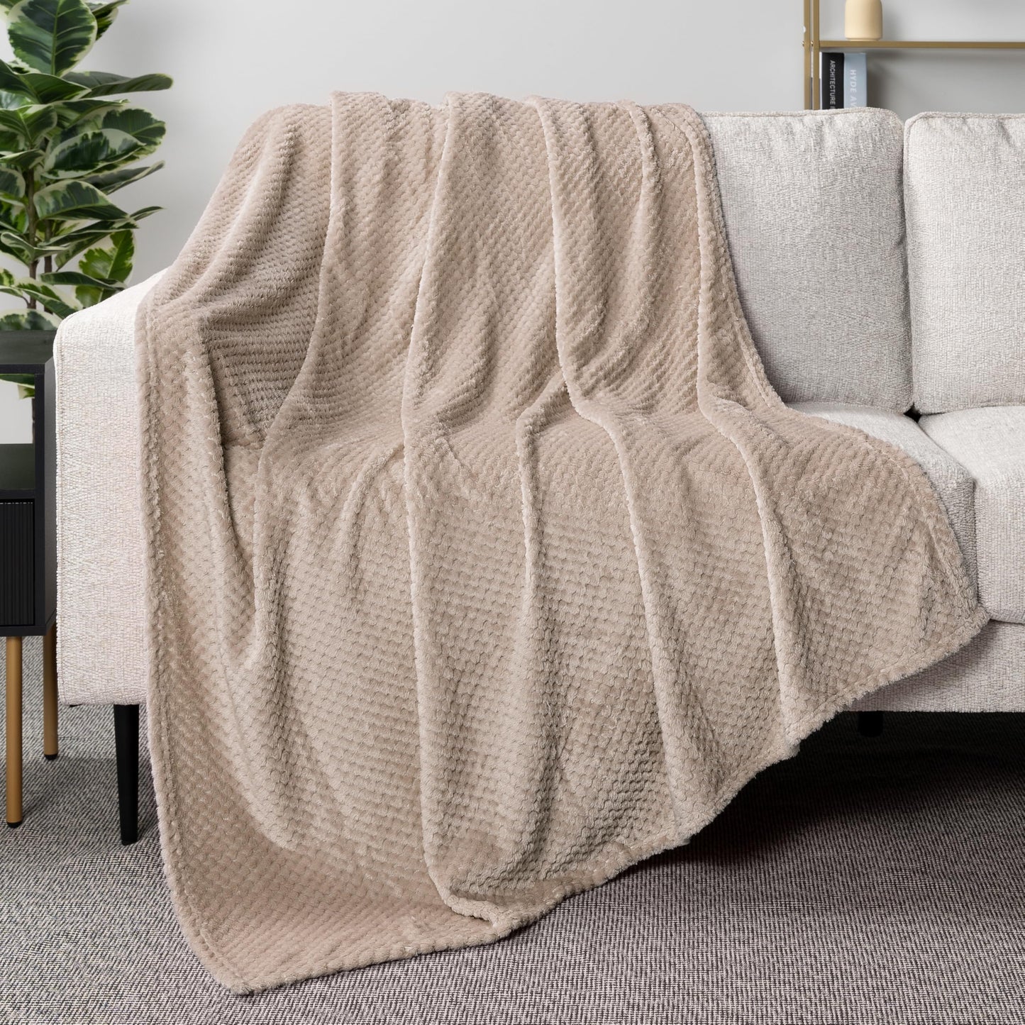PAVILIA Taupe Tan Fleece Throw Blanket for Couch Sofa Bed, Soft Fuzzy Waffle Jacquard Microfiber, Warm Lightweight Fade-Resistant Decorative All Season Throw, 50x60