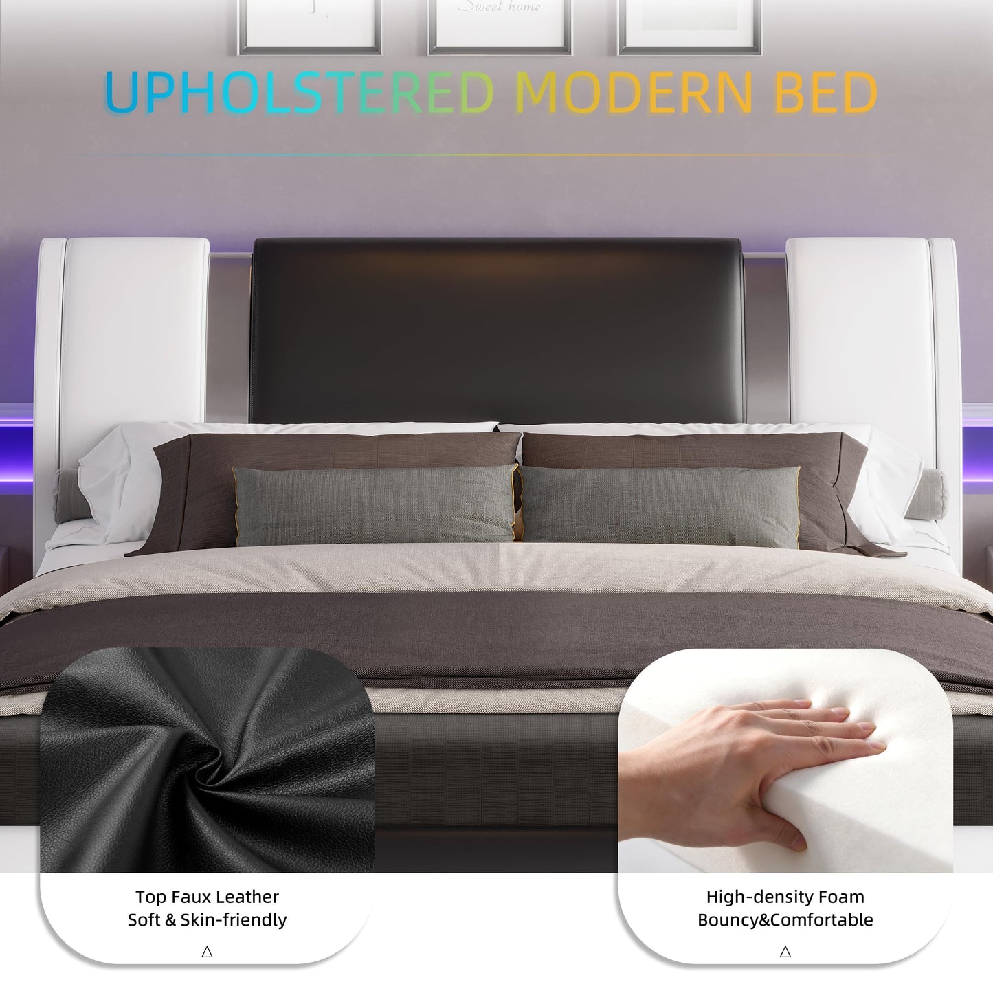 Keyluv Modern Queen Size Bed Frame with Mirror Metal Decoration, Faux Leather Upholstered Platform Bed with Curved Headboard, Wooden Slats Support, No Box Spring Needed, WhiteBlack