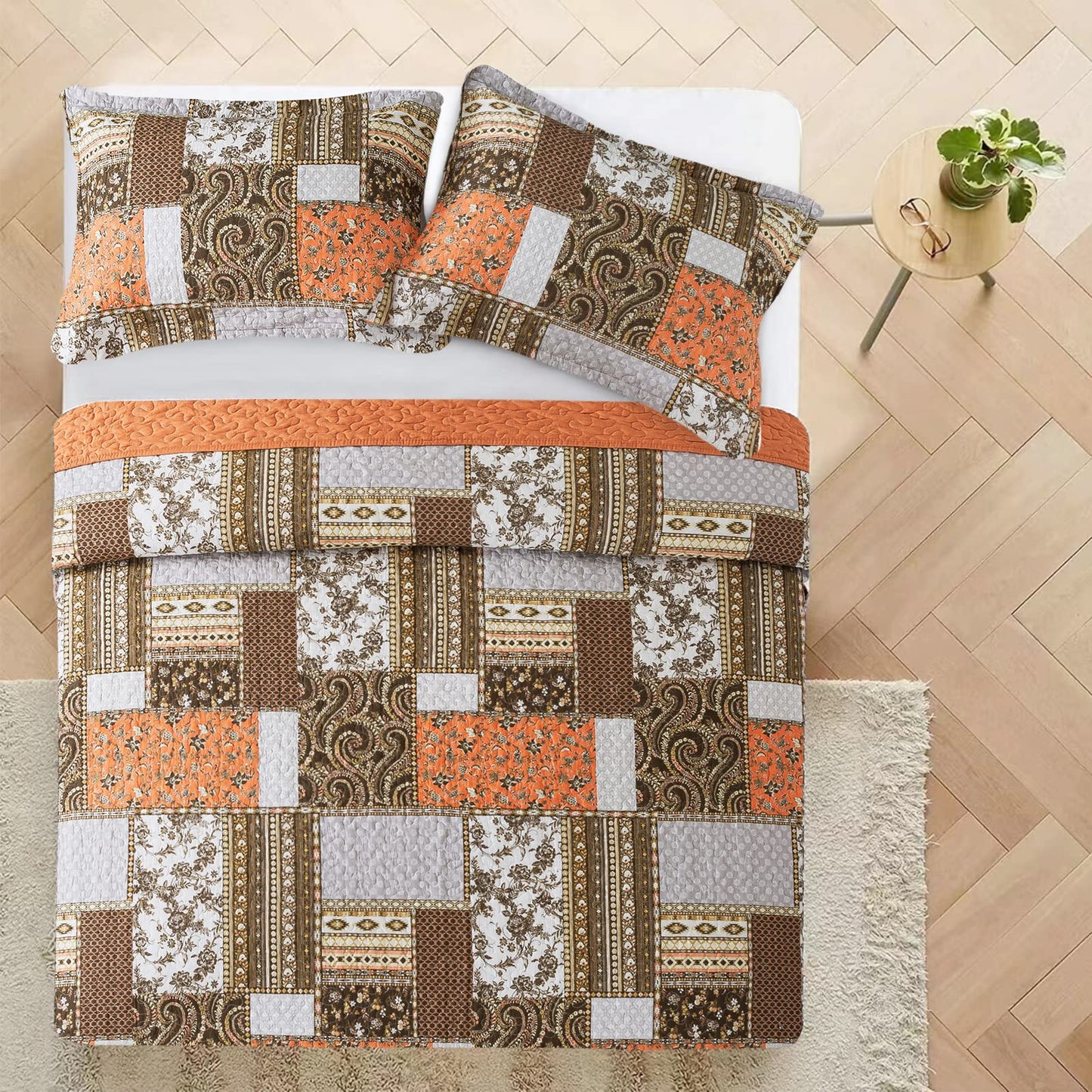 VAPUTAR Quilts Queen Size - Fall Cotton Quilt Set Quilted Bedspread Coverlet Lightweighet Bedding Set with Shams for All Season, 3 Piece Boho Patchwork Quitled Bedspread Queen Size (Dream Orange)
