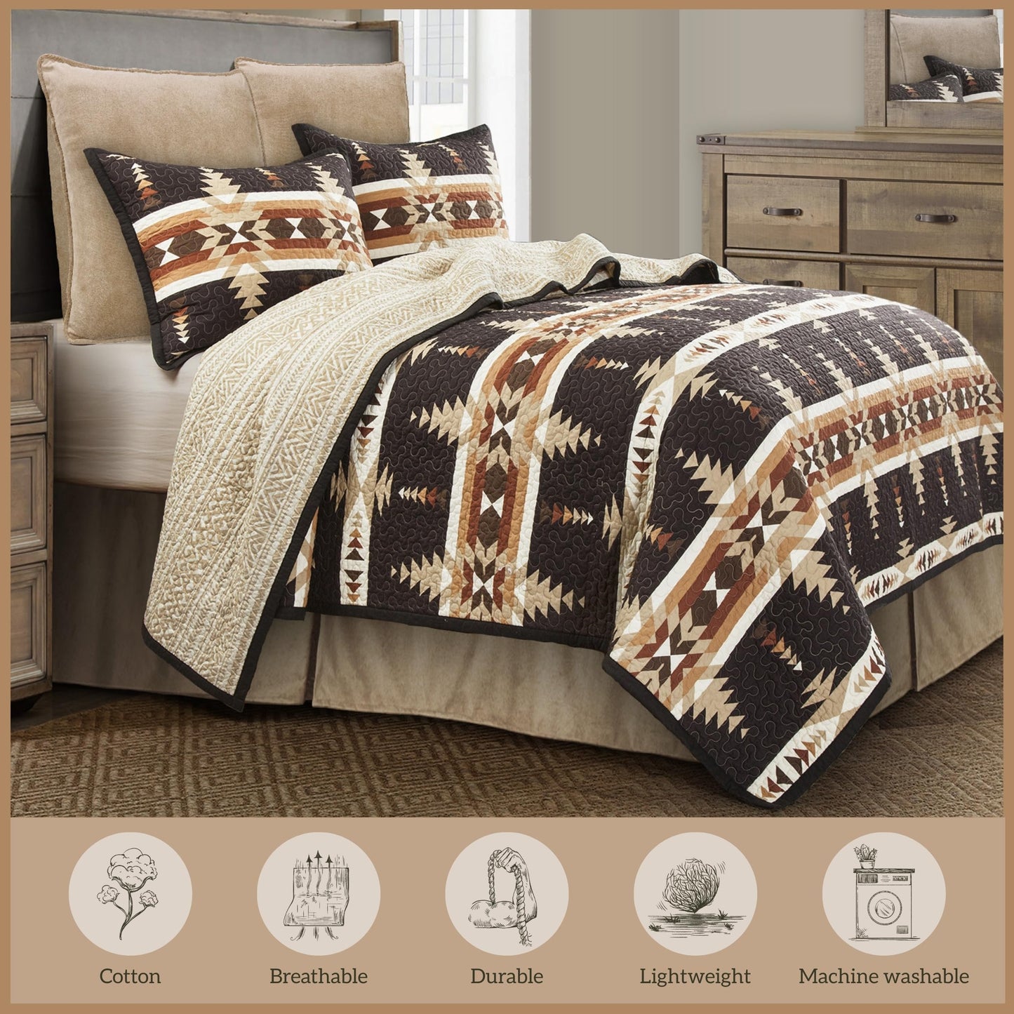 Paseo Road Yosemite Western Bedding 3 Piece Quilt Set with Pillow Shams, King Aztec Bedding Set, Tribal Southwestern Bedding, Geometric Pattern Cotton Reversible Bed Set
