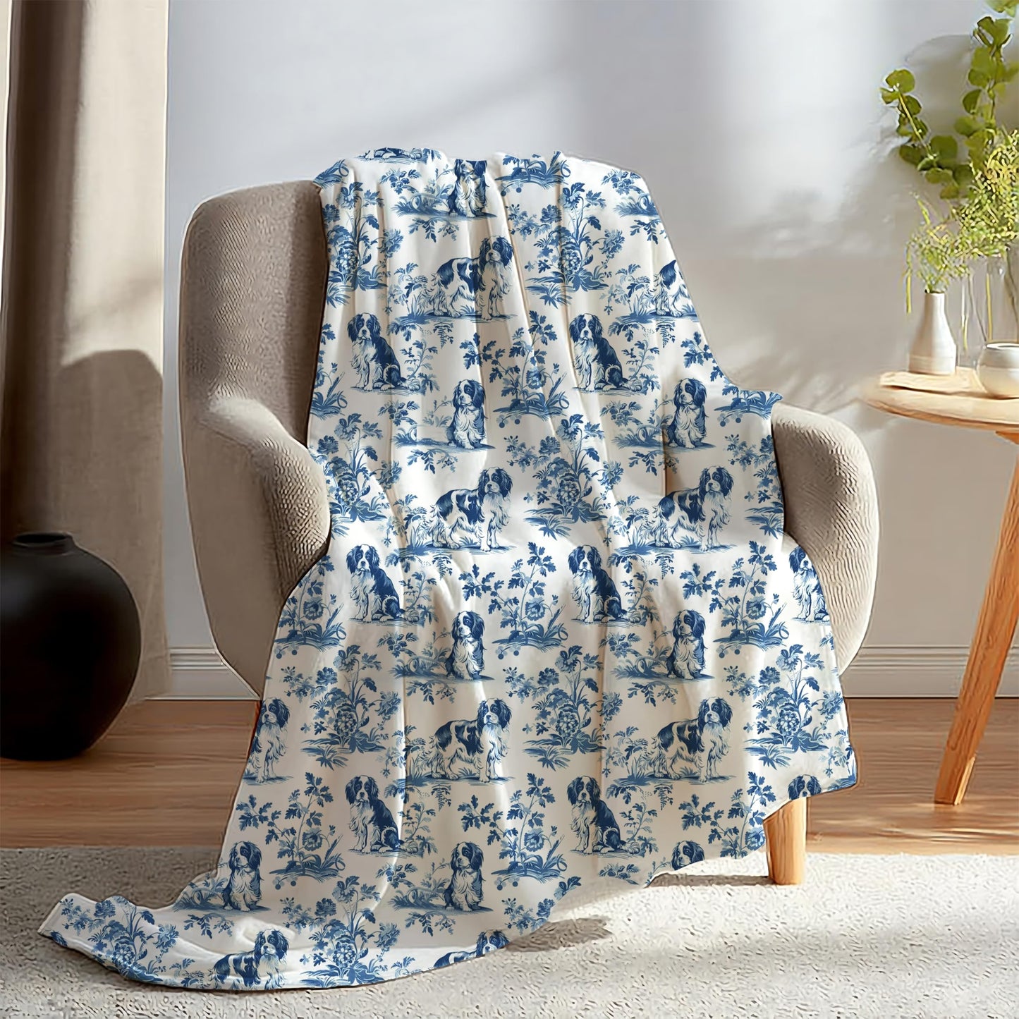 BUJSP Chinoiserie Cavalier King Charles Spaniel Blanket, Cavalier King Charles Spaniel Gifts, Blue and White French Country Toile Dog Throw Blanket for Home Bedroom Couch Bed Decor, 50x60 Inches