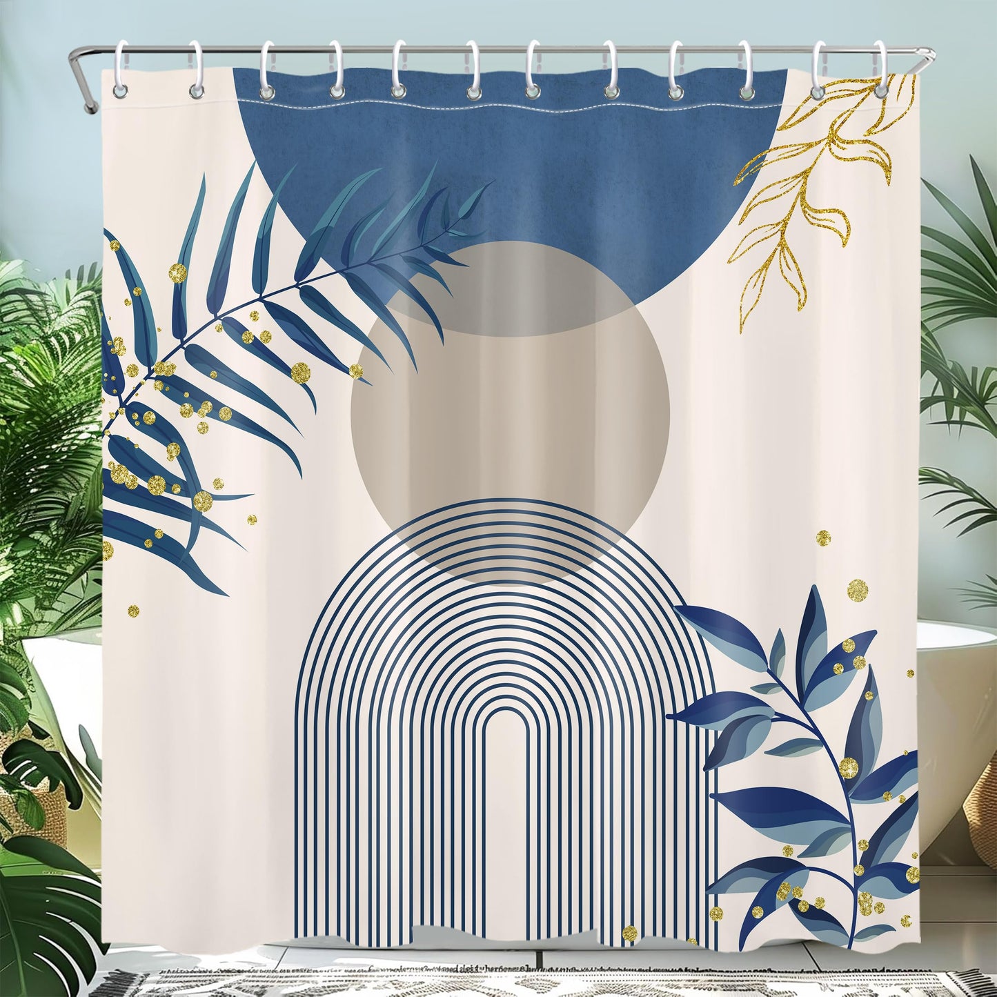 Mayormyth Boho Blue Shower Curtain Bohemian Modern Shower Curtains for Bathroom Decor Abstract Geometric Gold Plant Shower Curtain Set Polyester Waterproof Cloth Fabric with Hooks 72x72 Inches