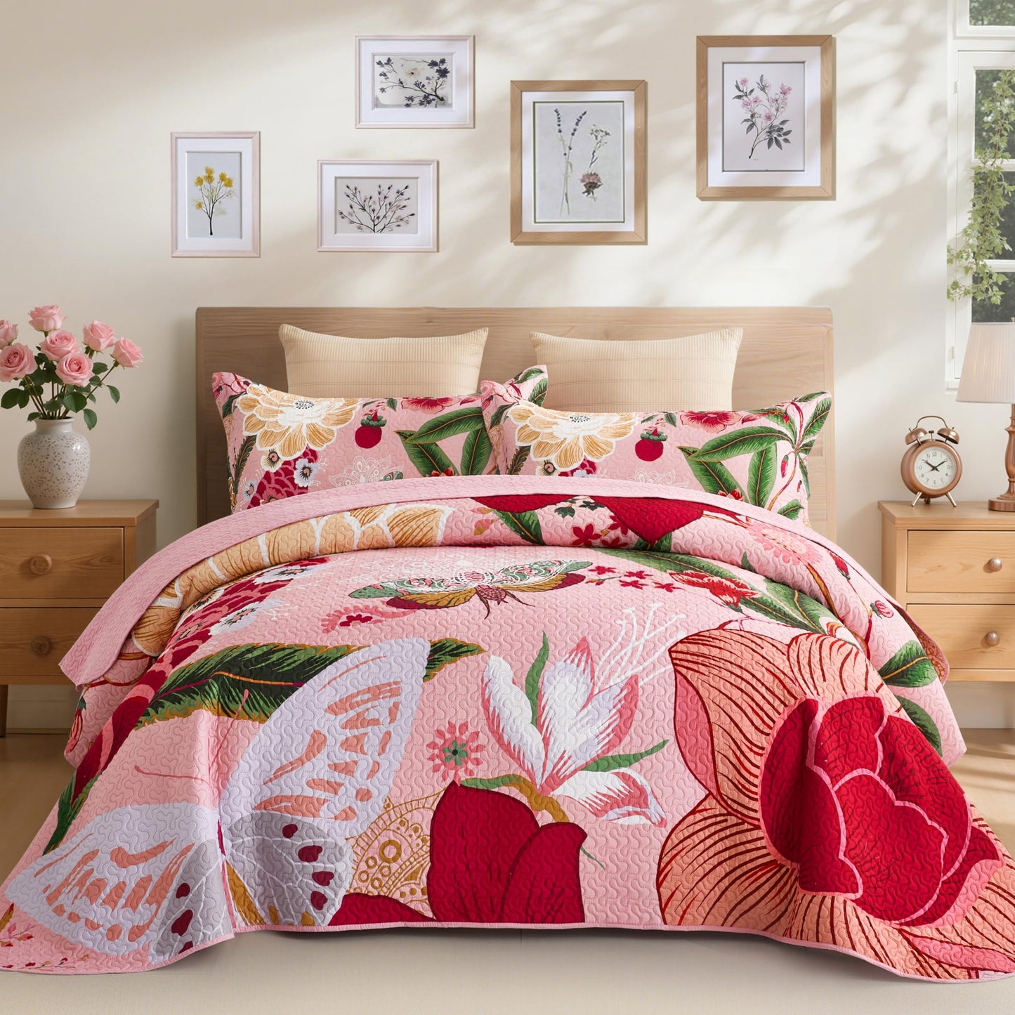 Tyrot 3 Piece Pink Boho Floral Full/Queen Quilt Sets Farmhouse Botanical Reversible Lightweight Bedspread with 2 Shams Butterfly Microfiber Bedding Quilts Set for All Season, 90''x96''