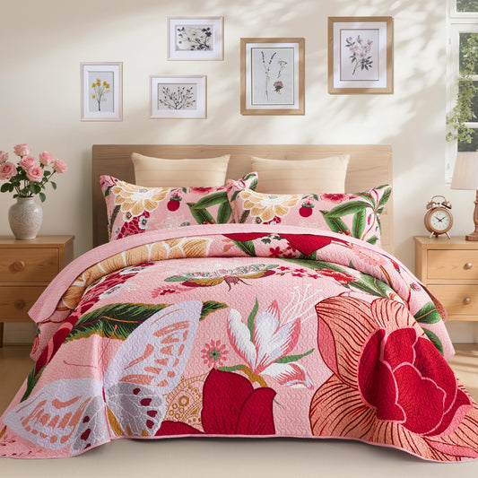 Tyrot 3 Piece Pink Boho Floral Full/Queen Quilt Sets Farmhouse Botanical Reversible Lightweight Bedspread with 2 Shams Butterfly Microfiber Bedding Quilts Set for All Season, 90''x96''