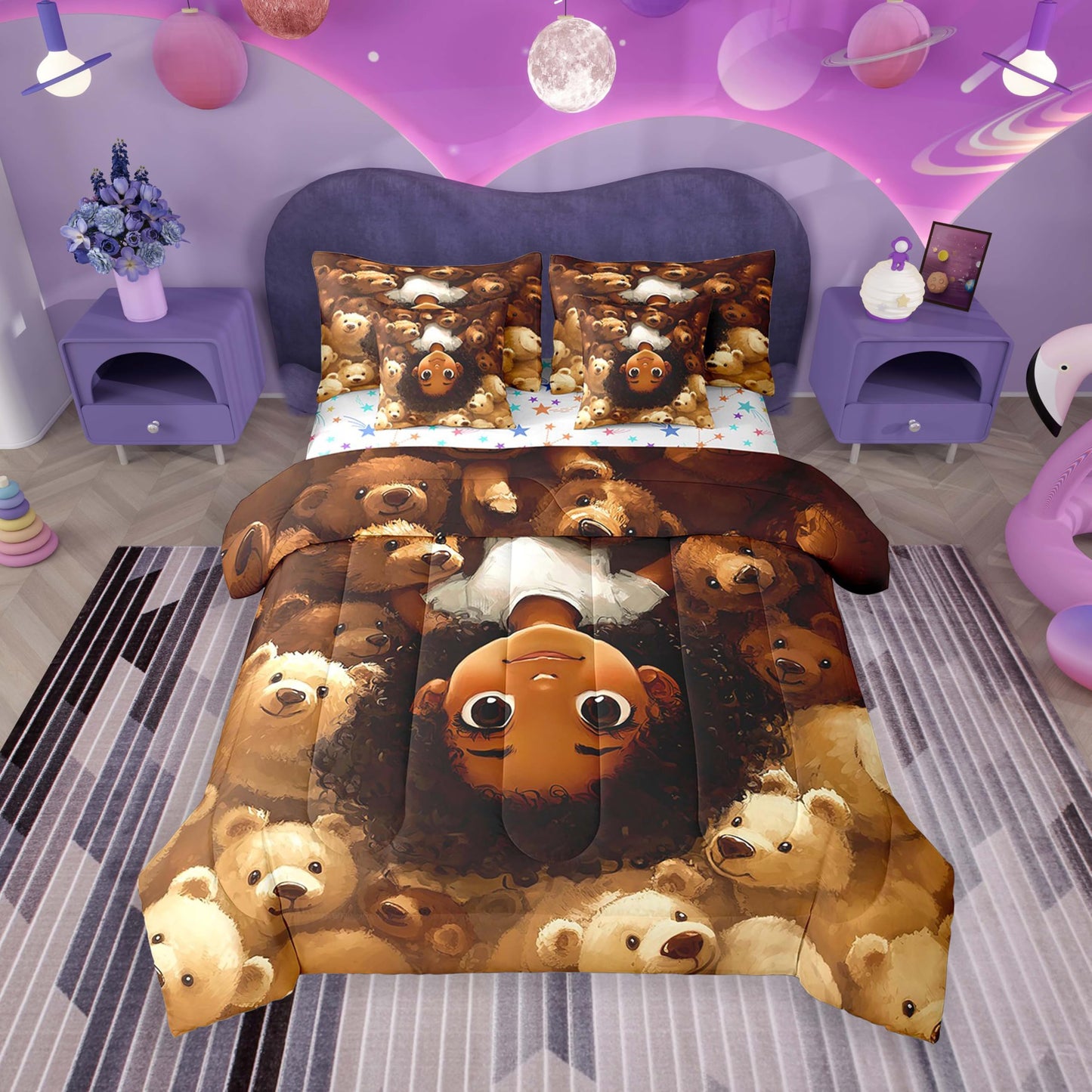 jejeloiu Kids Cute Black Girl Comforter Set 7 Pieces Full Size African American Girl Bedding Set for Boys Girls Bear Bed in a Bag with Comforter, Sheets, Pillowcases & Cushion Covers（No Glitter）