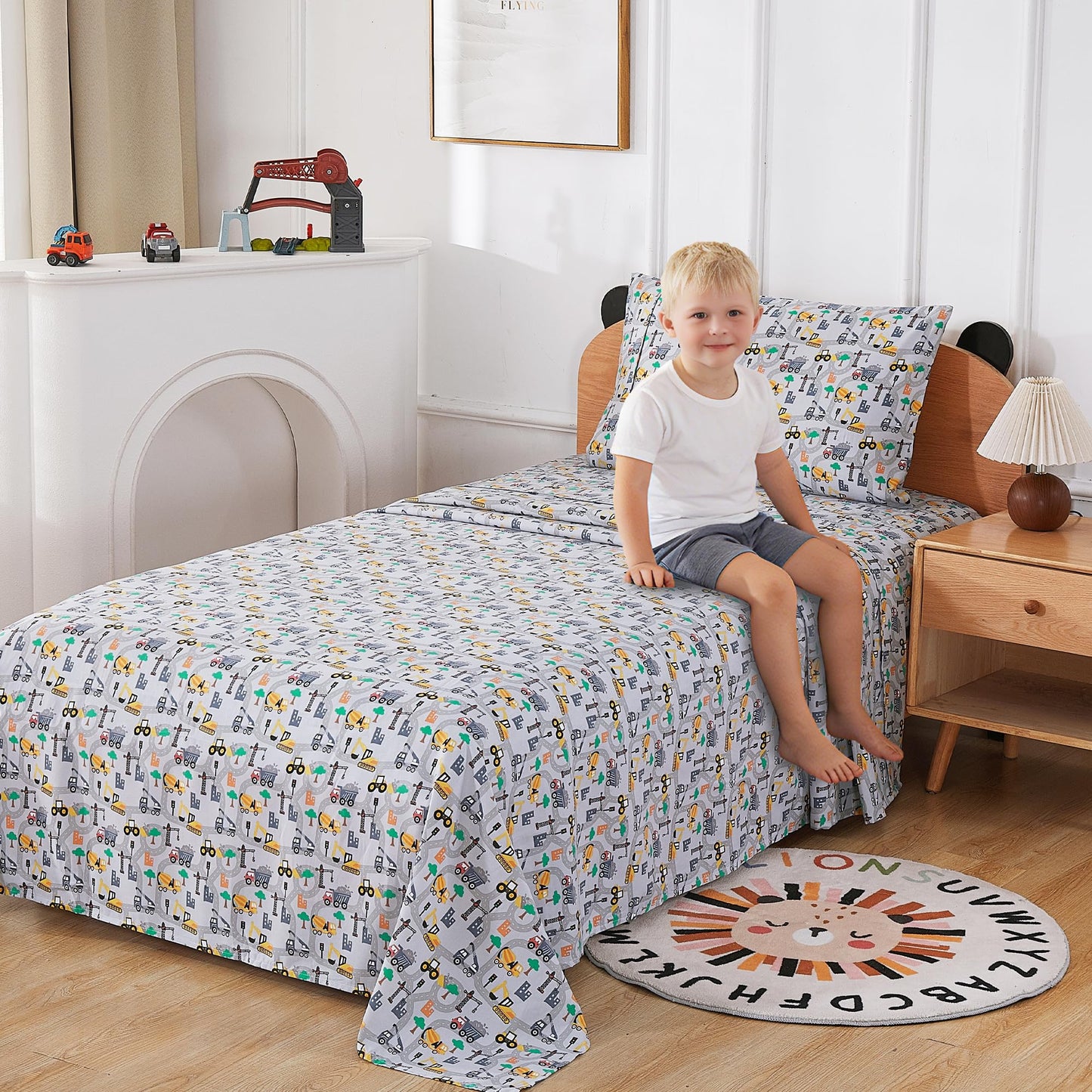 Softan Kids Bed Sheet Set, 4-Piece Full Size Sheets, Microfiber Fitted Sheet with 15 Inches Deep Pocket and Corner Straps, Breathable & Silky Soft Excavator Pattern Sheet and Pillowcase Sets