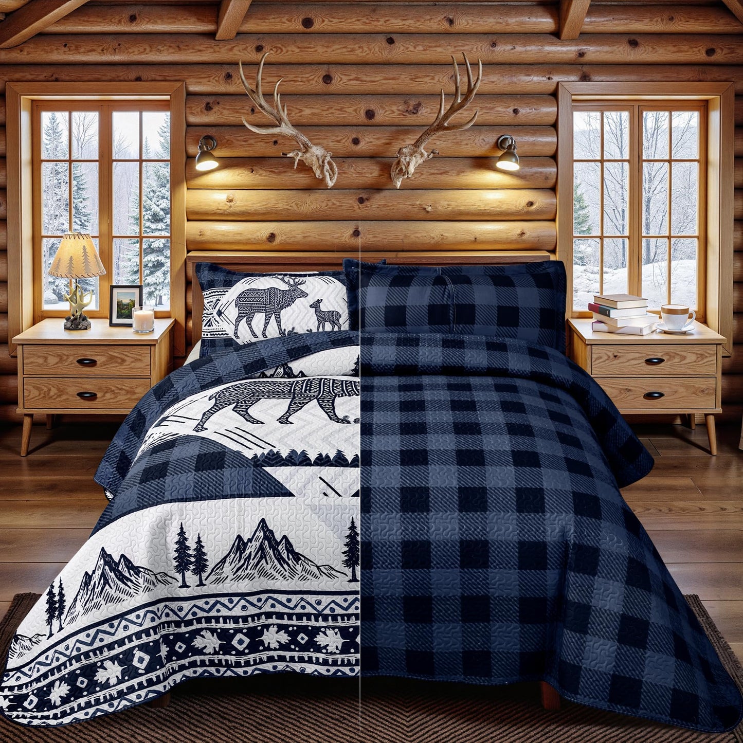 3 Piece Cabin Full/Queen Quilt Sets Farmhouse Rustic Reversible Microfiber Soft Lightweight Bedspread Comforter with 2 Shams Patchwork Country Lodge Bedding Quilts Set for All Season, 90''x96'', Blue
