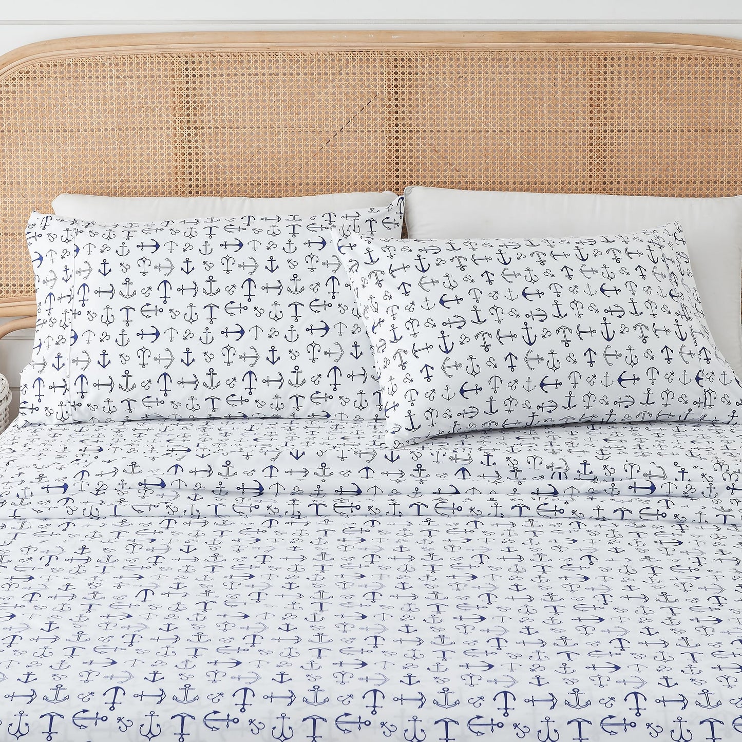 Great Bay Home King Coastal Microfiber Sheet Set - 4-Piece Nautical-Printed, Ultra-Soft Sheets - Beach-Themed Bedding Sheets & Pillowcases (Anchor)