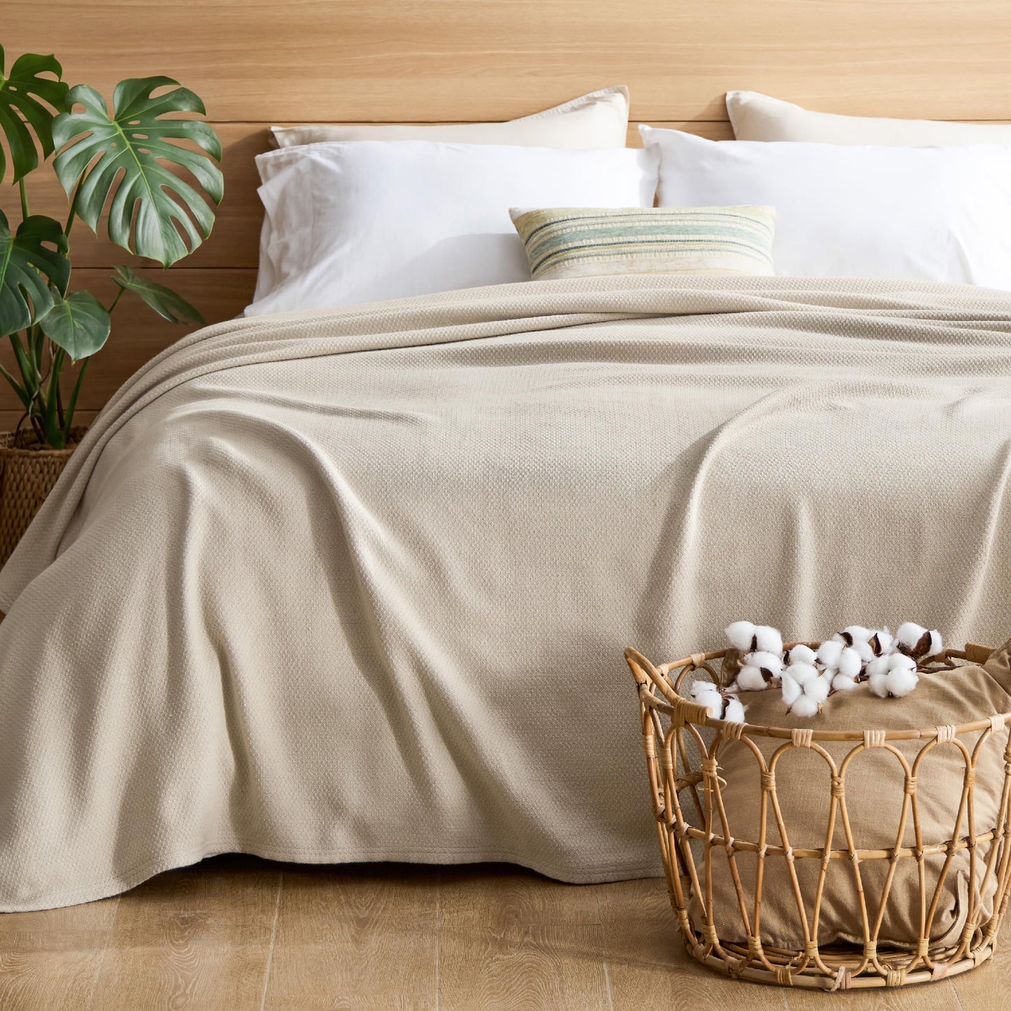 Bedsure GentleSoft 100% Cotton Blanket Queen Size for Bed - Cooling Breathable and Lightweight, Soft Cozy Textured Herringbone Woven Summer Blanket for Home Decor, Linen Beige, 90x90 inches