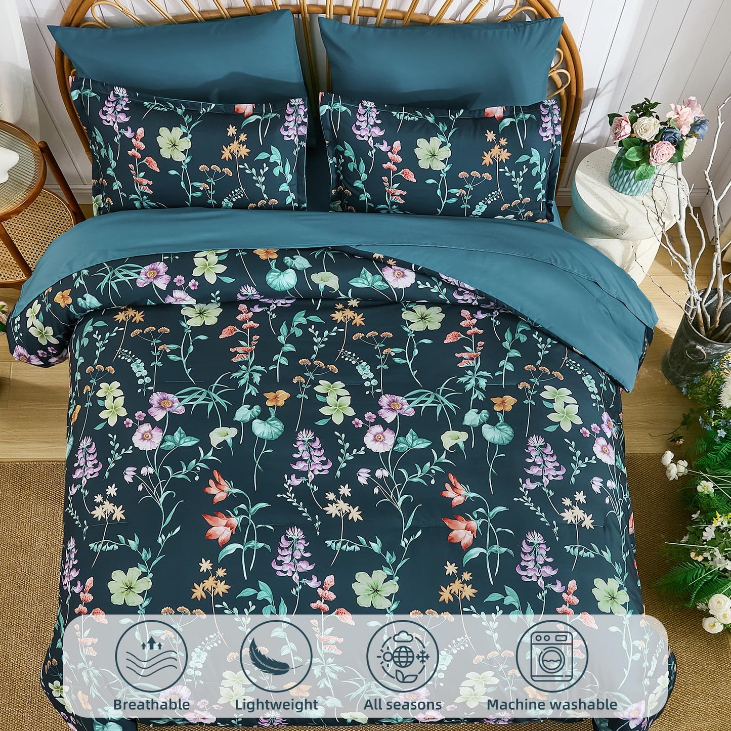 DJY Floral Comforter Set King Size,Peacock Blue Botanical Bedding Comforter Sets,7 Pieces Bed in a Bag Lightweight Microfiber Comforter Set with Sheets Pillowcases & Shams for All Seasons