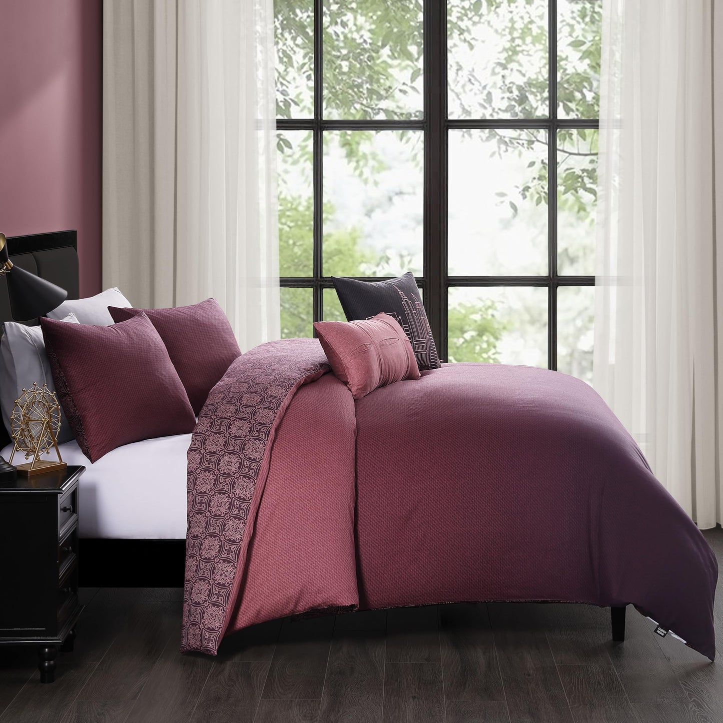 Bebejan Mauve Dreams 5 Piece Comforter Set, 100% Cotton Sateen, 220 Thread Count, Textured Reversible Bedding Comforter Set, 1 Comforter, 2 Shams & 2 Pillows (King/Cal King)