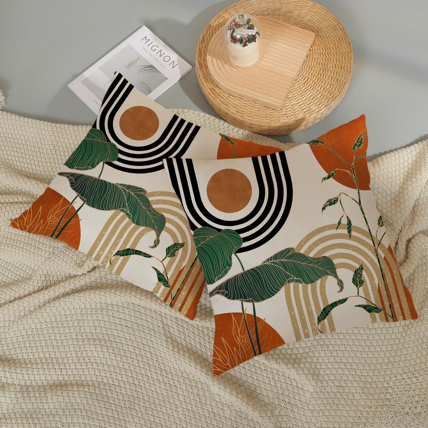GOLIANDA Boho Orange Pillow Covers 18x18 Set of 2 Green Gold Leaf Tropical Mid Century Throw Pillows Outdoor Bohemian Modern Decorative Pillowcase Farmhouse Linen Cushion Case for Couch Sofa Decor