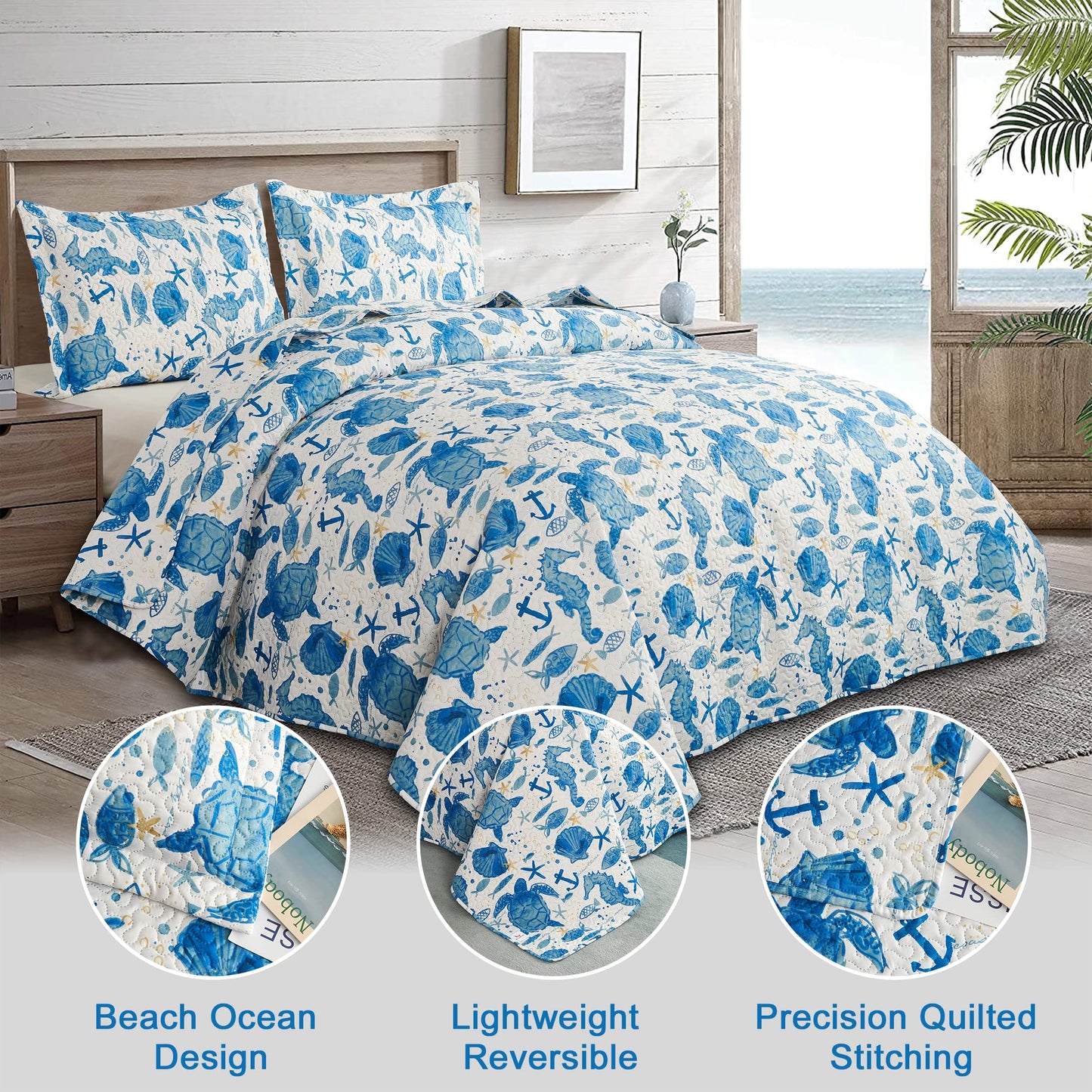 Coastal Beach Quilt Set - King Size Ocean Bedding Reversible Quilt - Lightweight Summer Bedsread Coverlet - Sea Turtle Blue