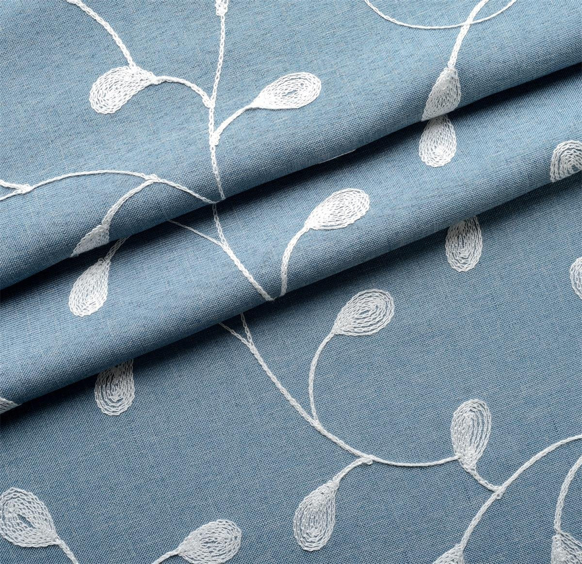 MIUCO Floral Embroidered Semi Sheer Curtains Faux Linen Grommet Window Curtain for Living Room 52 x 84 Inch 2 Panels, Dusty Blue