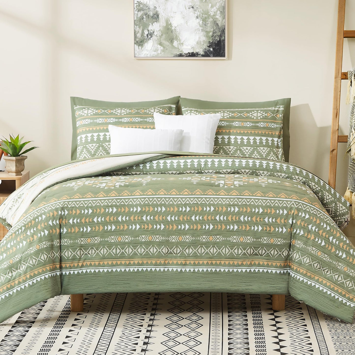 Geniospin Queen Comforter Set - 7 Pieces Reversible Bedding Set, Boho Bed in A Bag, Lightweight Soft Aztec Bedding, All Season Bed Comforter Set with Sheets, Pillowcases & Shams