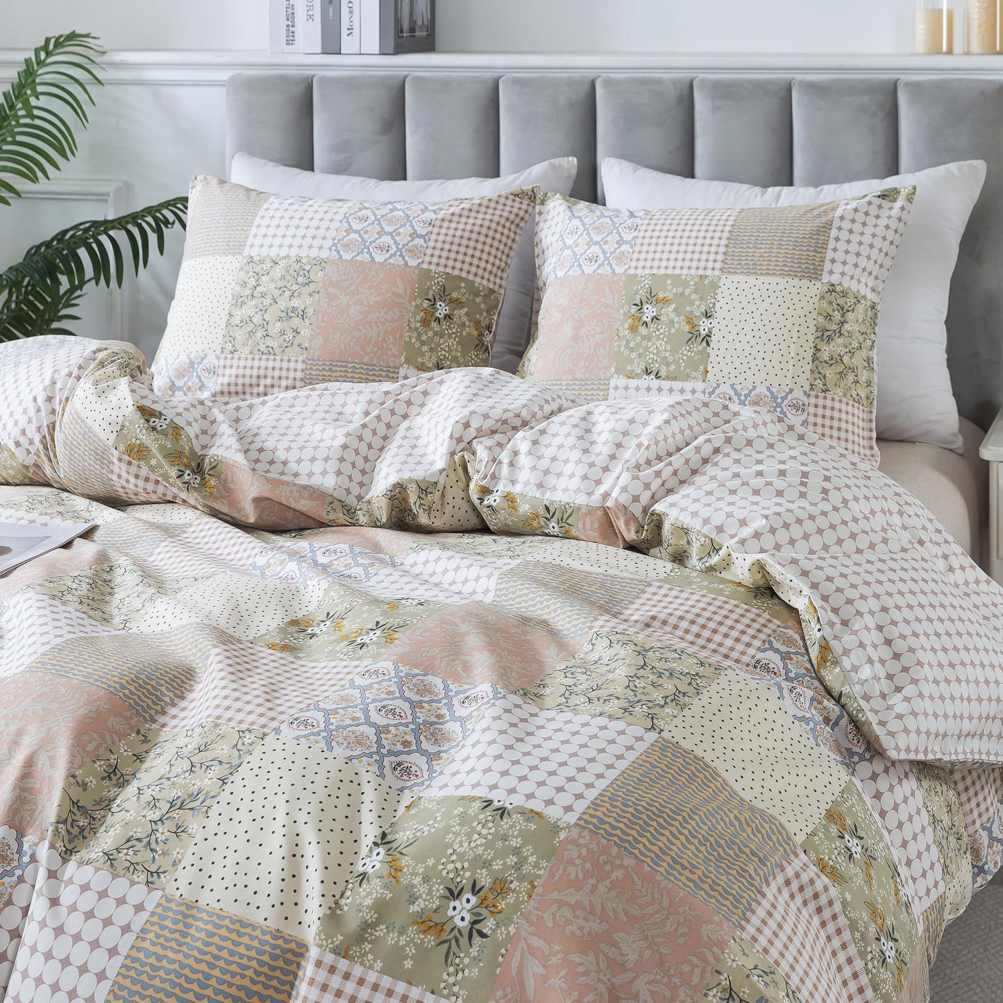HoneiLife Duvet Dover King Size - 100% Cotton Comforter Cover, Patchwork Bedlinen Set with Zipper Closure & Corner Ties, 3-PC Rustic Comforter Cover Sets