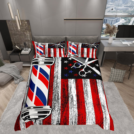 American Flag Duvet Cover Set Full Size,Retro Rustic Stars Stripes USA Flag Comforter Cover with 2 Pillowcases,Barber Haircut Themed Neon Light Breathable Bedspread for Boys Teens,Pillow Sham
