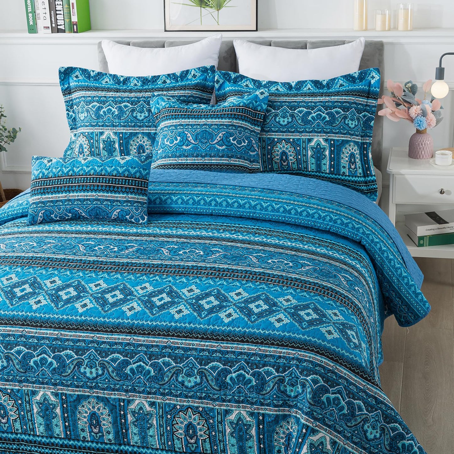 BEDIFANY Cotton Queen Quilt Sets, Lightweight Boho Queen Size Quilt Bedding Set with 2 Pillow Shams for Bed Decorations, Reversible Quilted Bedspread Coverlets for All Seasons