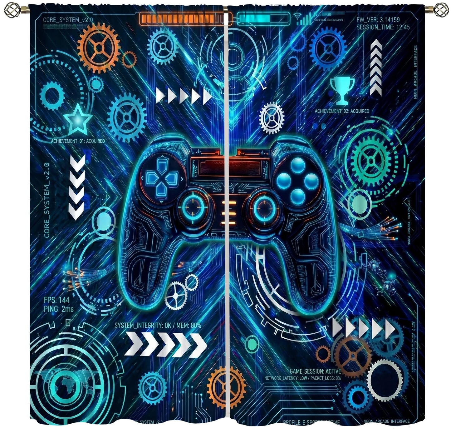 VUMIVI Gaming Curtains Futuristic Cyberpunk Neon Blue Game Controller Sci-Fi Mechanical Gear HUD Rod Pocket Window Treatments for Boys Bedroom Gamer Room Apartment Dorms Cafe 42" W X 44.5" L