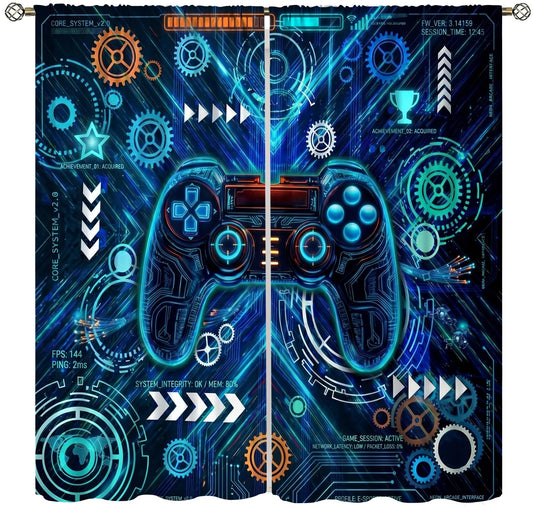 VUMIVI Gaming Curtains Futuristic Cyberpunk Neon Blue Game Controller Sci-Fi Mechanical Gear HUD Rod Pocket Window Treatments for Boys Bedroom Gamer Room Apartment Dorms Cafe 42" W X 44.5" L
