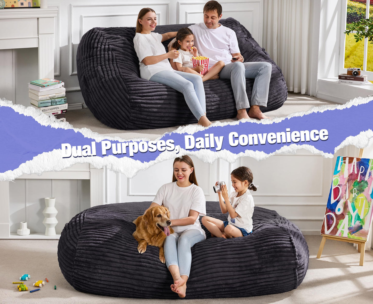 Hobestluk 6FT Bean Bag Chairs Adult Bean Bag with Portable Handle Comfy Large Bean Bag Lounge Chair with Removable Cover for Living Room Bedroom (Stripe Dark Grey, 6FT)