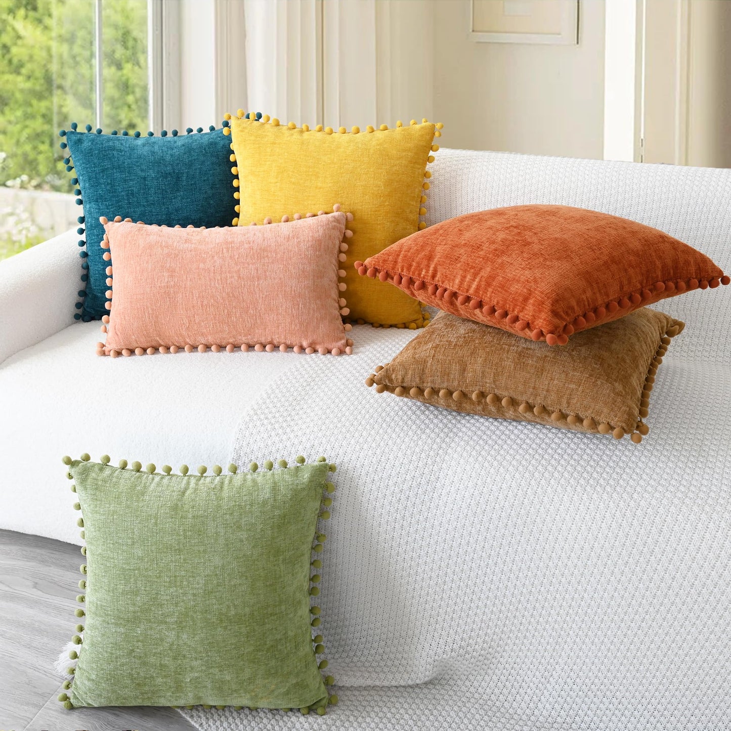 CaliTime Throw Pillow Covers Decorative 18 X 18 Inches Pack of 2 Cozy Solid Dyed Soft Chenille Cushion Cases with Pom Poms for Couch Sofa Bed Living Room Home Ocean Blue