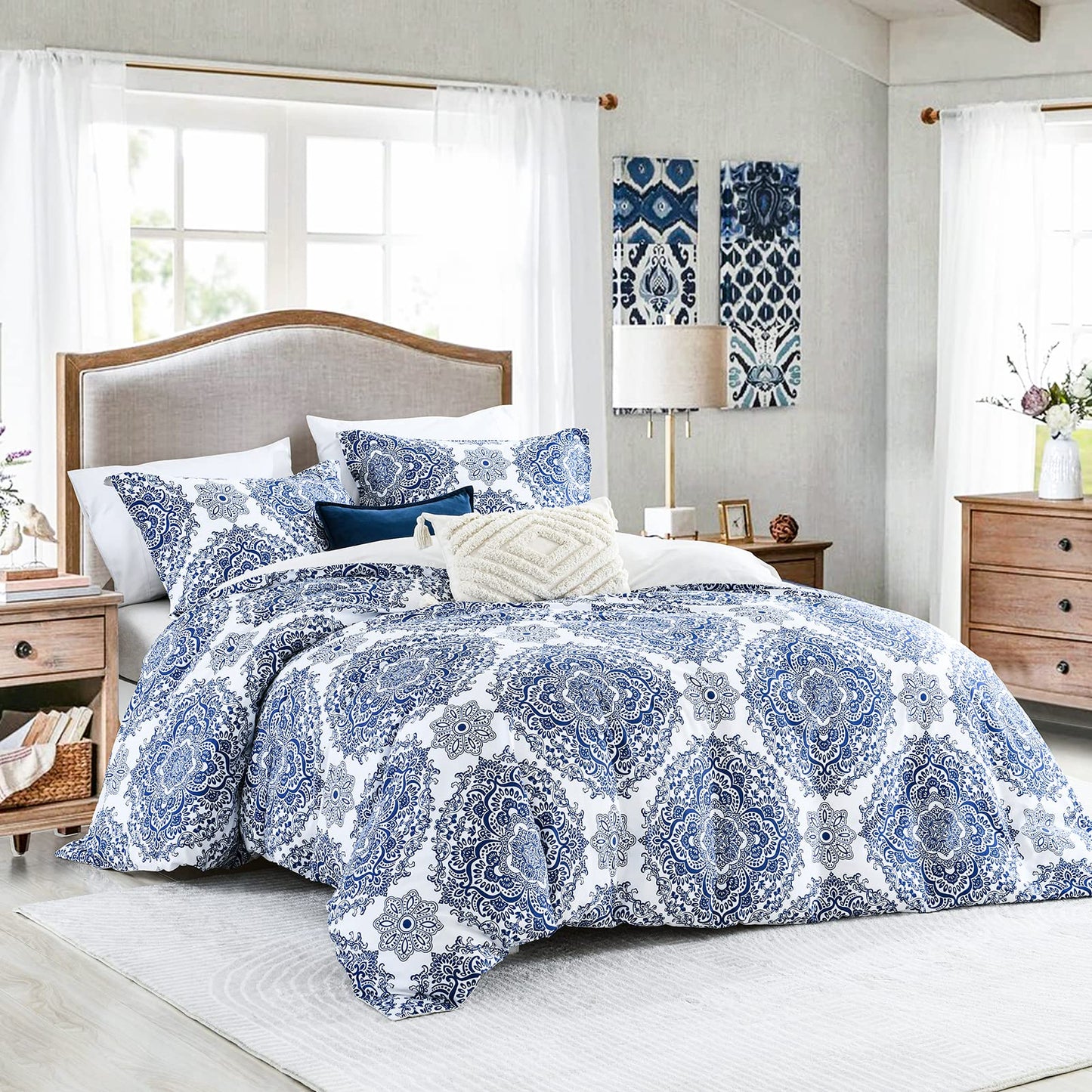 CozyDH 100% Cotton Home Damask Medallion Luxury Duvet Cover Set King Size Boho Paisley Print Bedding Set 400 Thread Count Prewashed Cotton Sateen Vibrant Bohemian Pattern (Royal Blue, King)