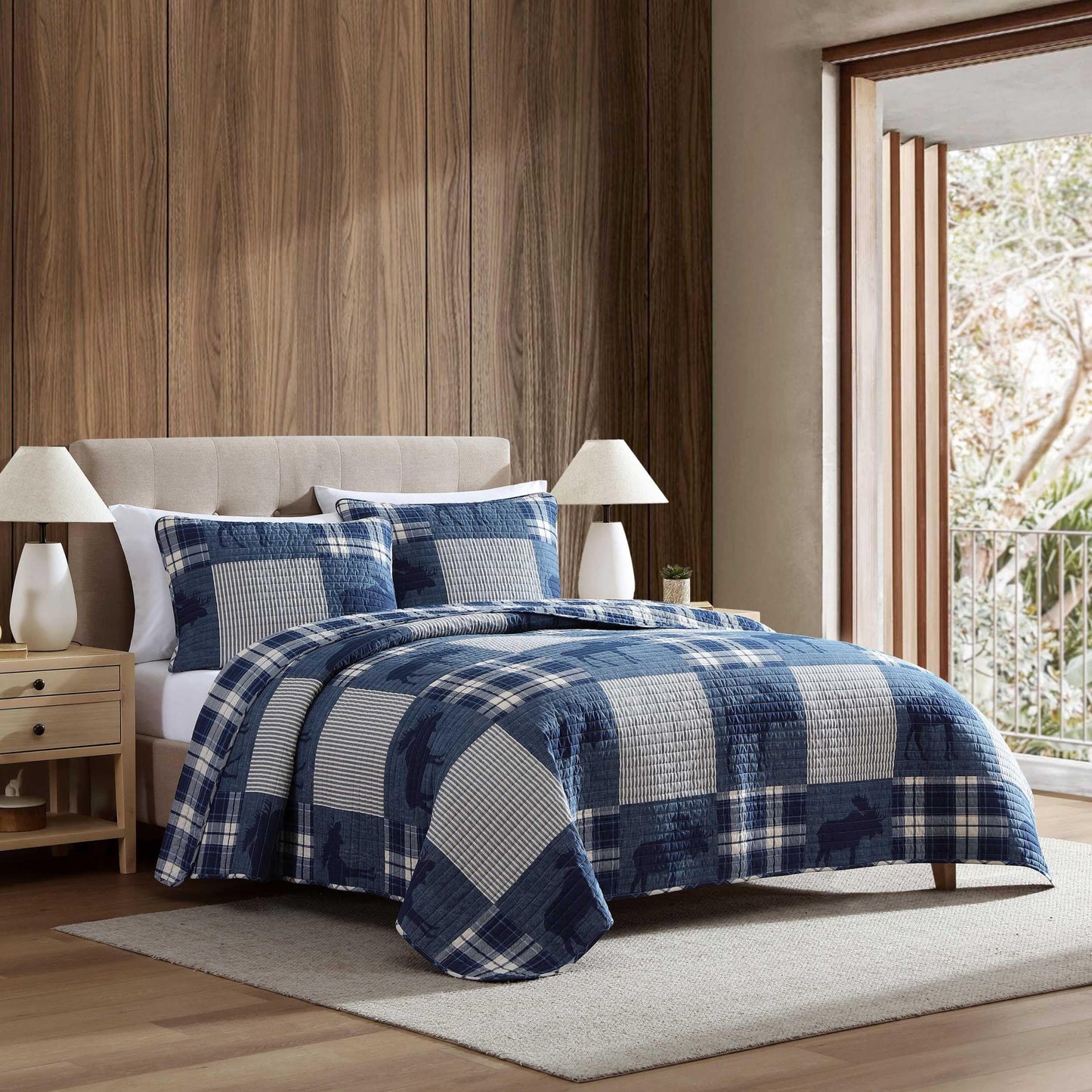Eddie Bauer - King Quilt Set, Naturally Soft Cotton Bedding w/a Lightweight Feel for All-Year Comfort, Reversible w/Matching Pillowcases, 3 Piece Bed Set (Moose Plaid/Pinstripe/Patchwork Blue)