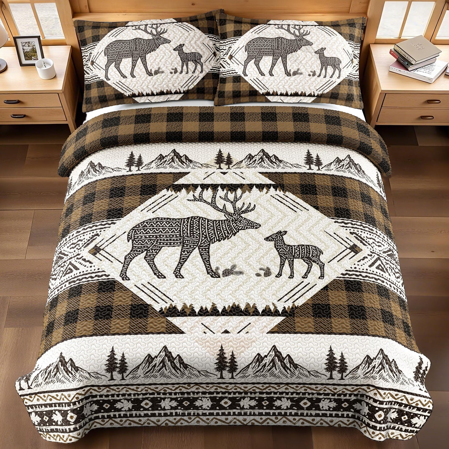 3 Piece Cabin Full/Queen Quilt Sets Farmhouse Rustic Reversible Microfiber Soft Lightweight Bedspread Comforter with 2 Shams Patchwork Country Lodge Bedding Quilts Set for All Season, 90''x96'', Brown