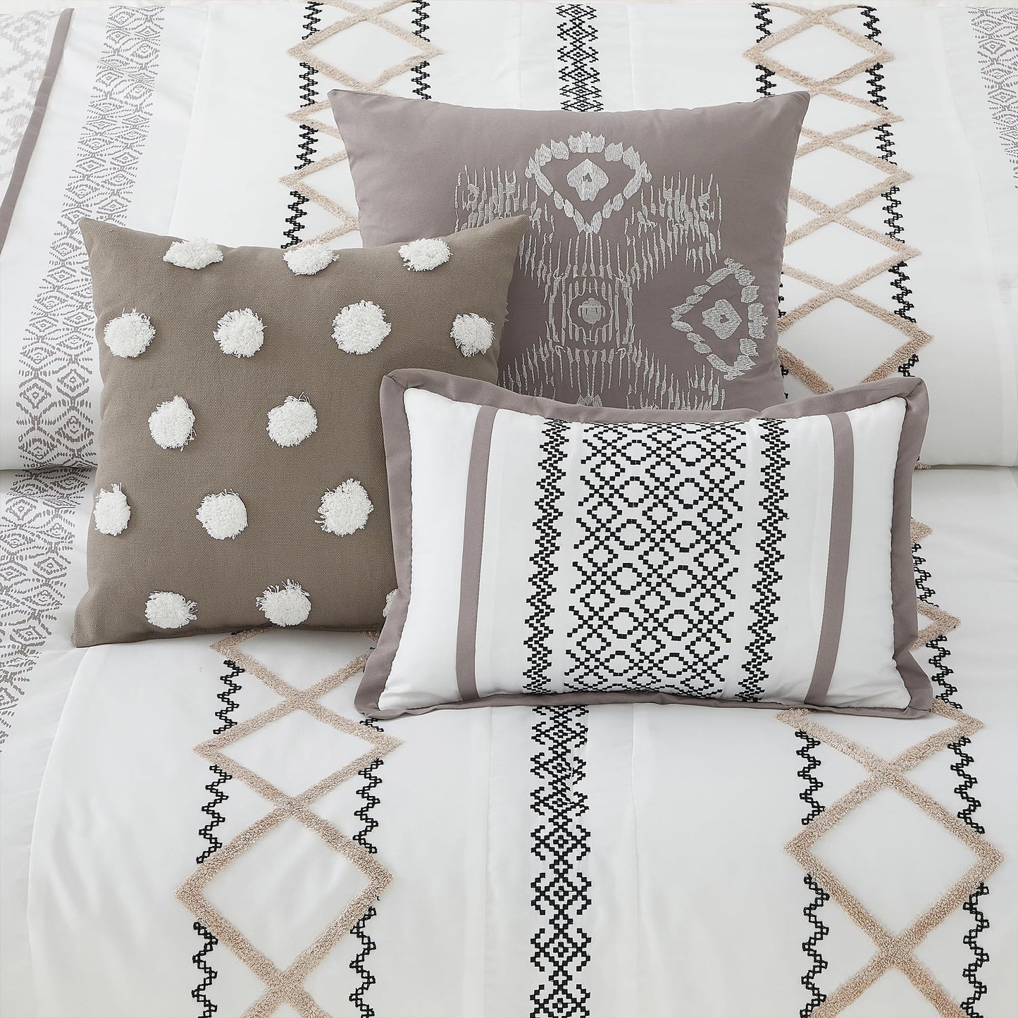 LANCO MODERN LIFESTYLE Taupe Queen Comforter Set, 7 Pieces All Season Bedding Sets in a Bag with Geometric Terry Embroidered Comforter, Bed Skirt, Pillow Shams and Decorative Pillows