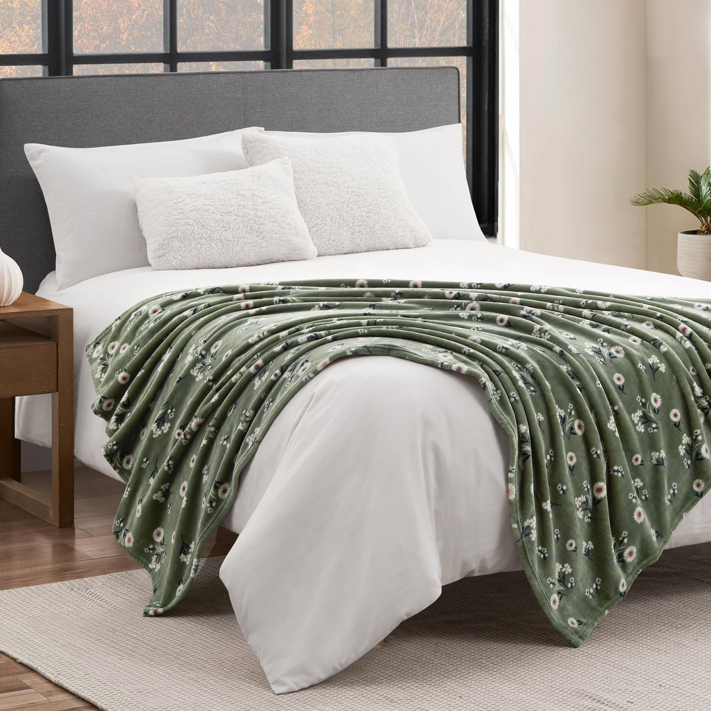 Lucky Brand Cozy Plush Blanket - Premium Microfiber Throw for Luxurious Comfort and Style, 50" x 70", Daisy Green Floral